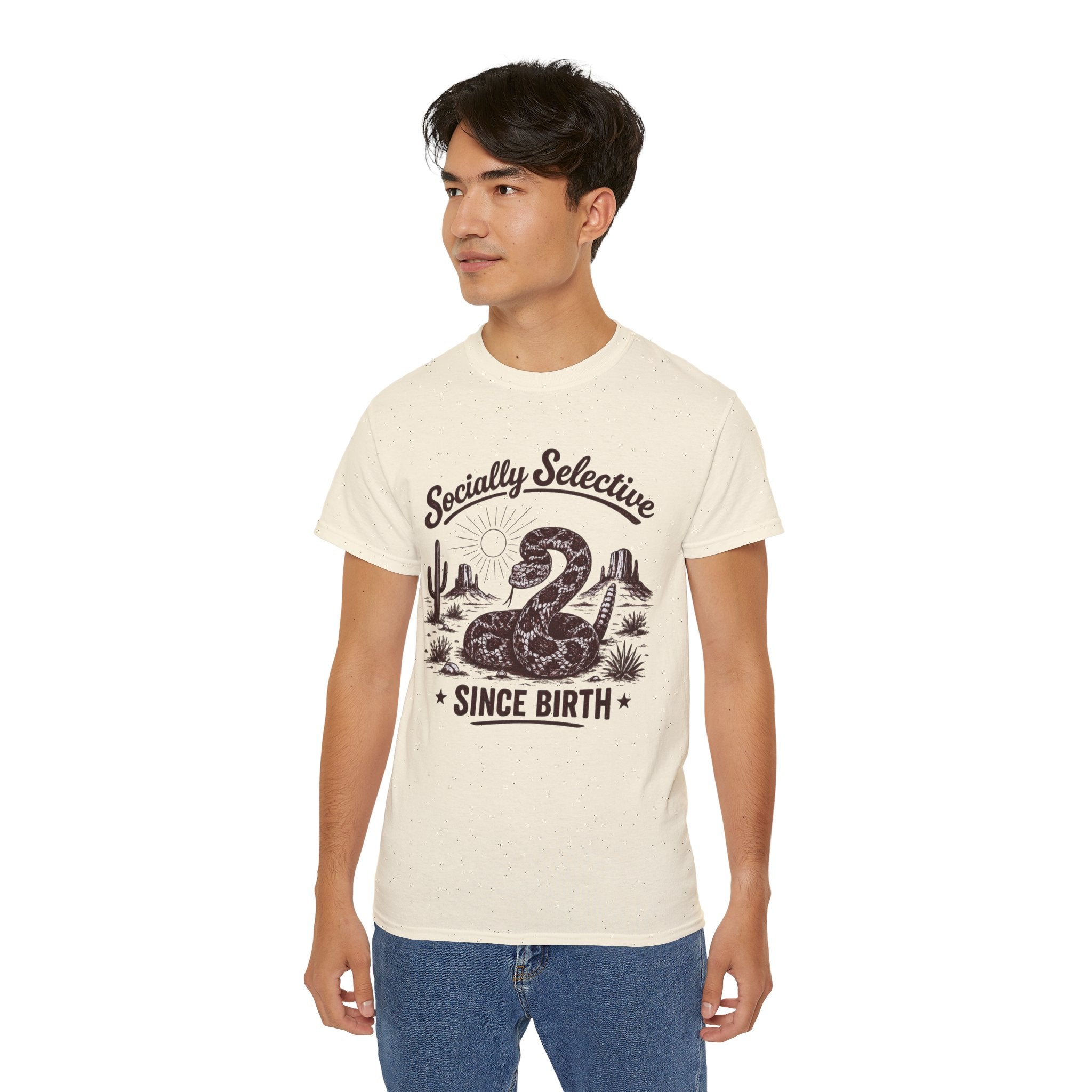 T-Shirt — "Socially Selective Since Birth" Vintage Desert Snake Graphic Tee