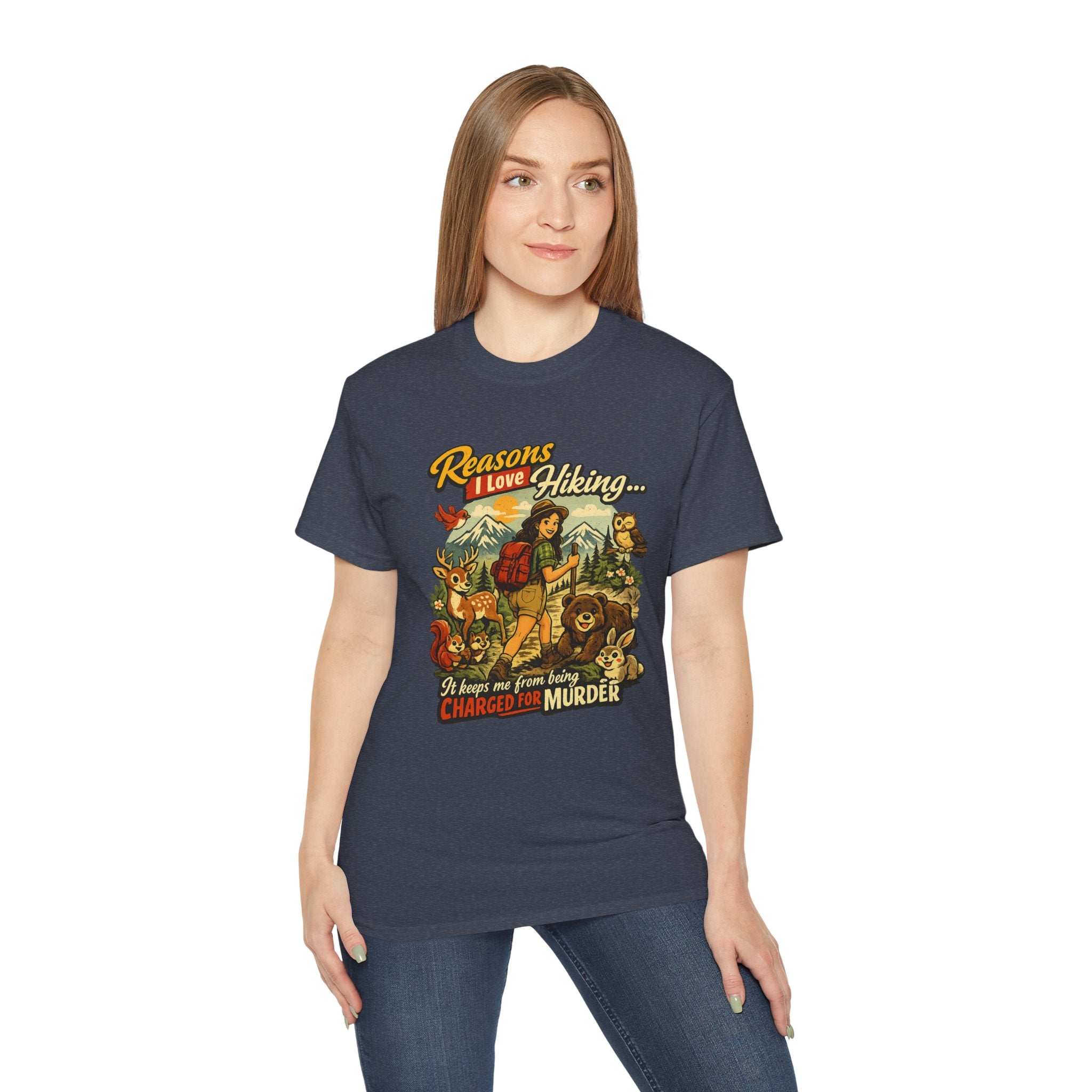 Hiking T-Shirt — "Reasons I Love Hiking... It Keeps Me From Being Charged For Murder" Retro Outdoor Tee
