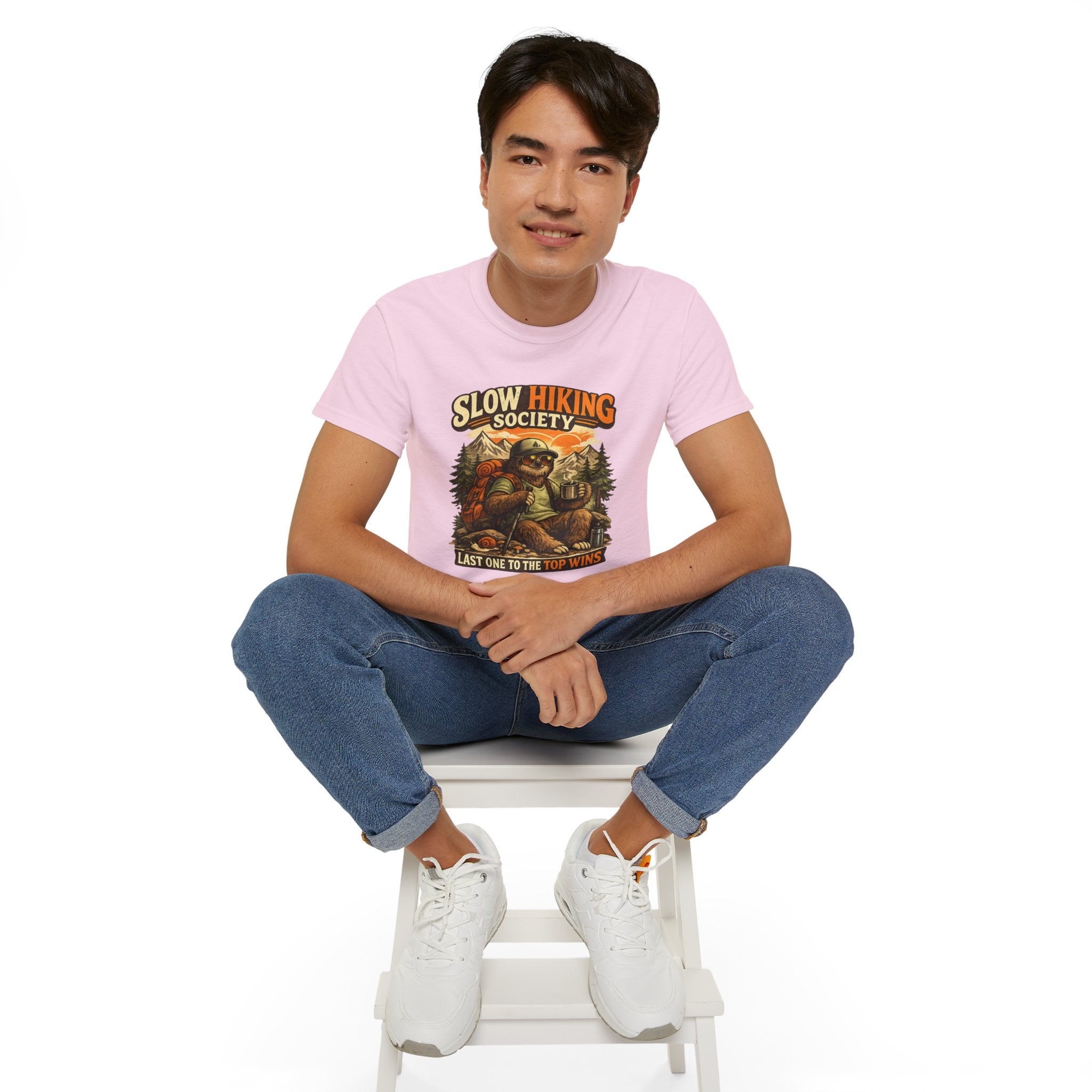 Slow Hiking Society T-Shirt — "Last One to the Top Wins" Vintage Outdoor Tee