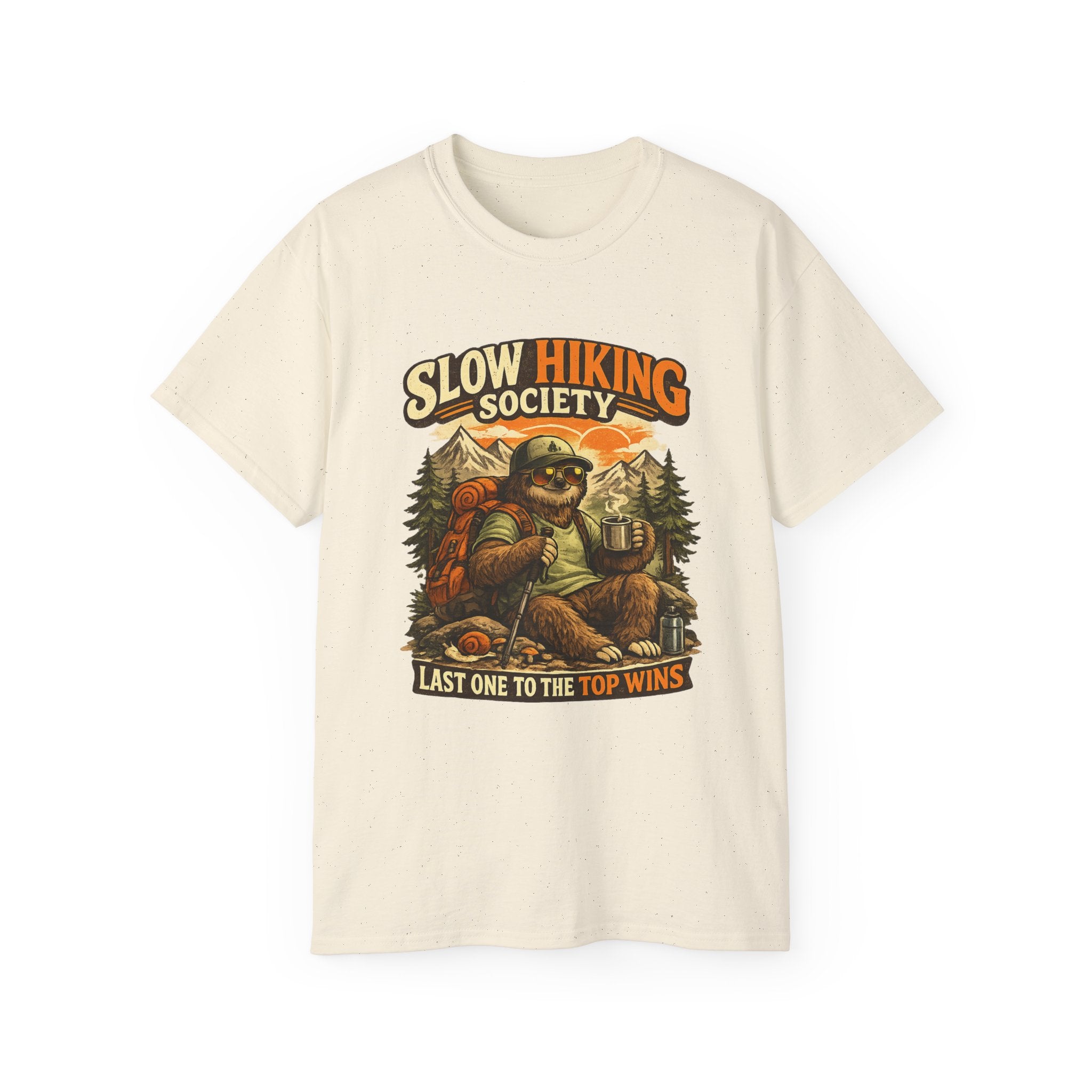 Slow Hiking Society T-Shirt — "Last One to the Top Wins" Vintage Outdoor Tee