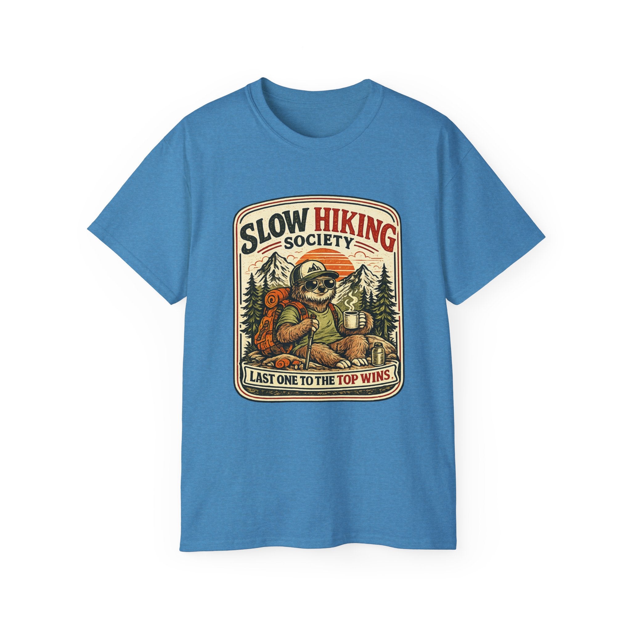 Slow Hiking Society T-Shirt — 'Last One to the Top Wins' Vintage Outdoor Tee