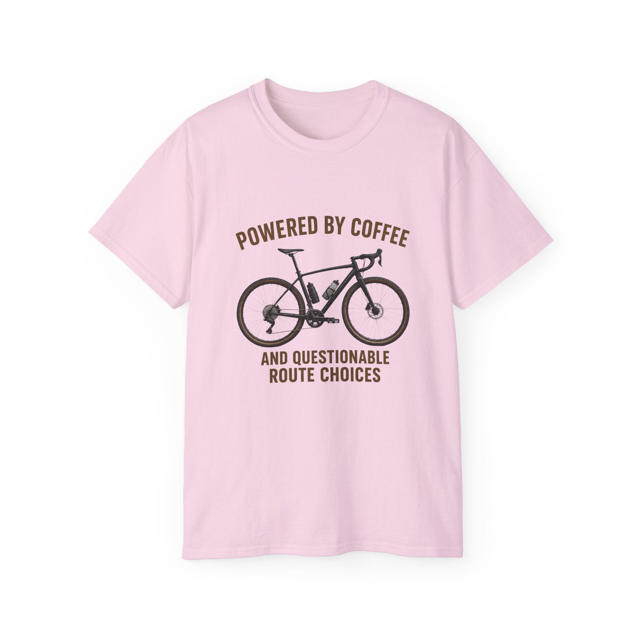 Unisex Coffee-Powered gravel Bike T-Shirt — "Powered by Coffee and Questionable Route Choices"