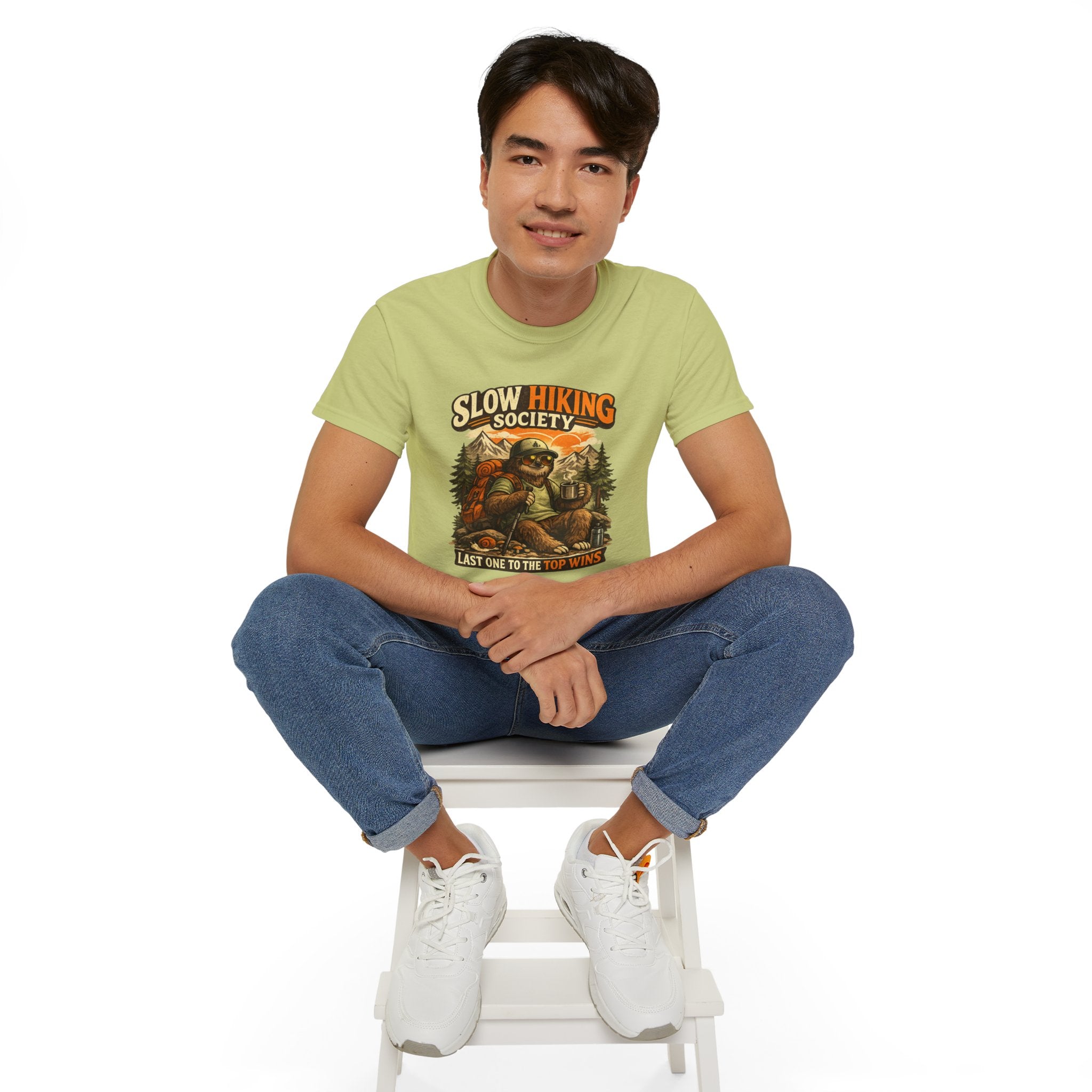 Slow Hiking Society T-Shirt — "Last One to the Top Wins" Vintage Outdoor Tee
