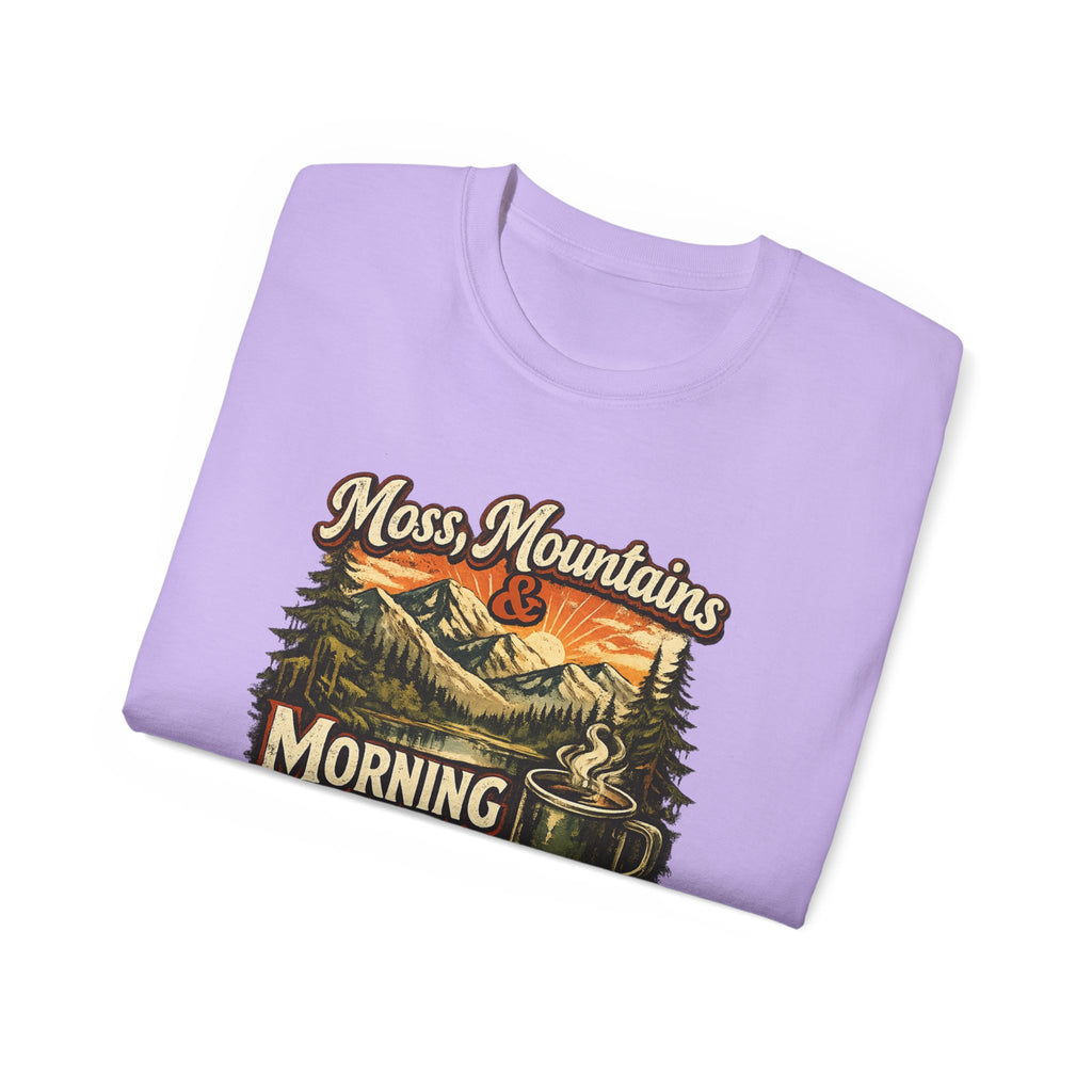 Moss, Mountains & Morning Coffee Tee — Vintage Camping Coffee T‑Shirt