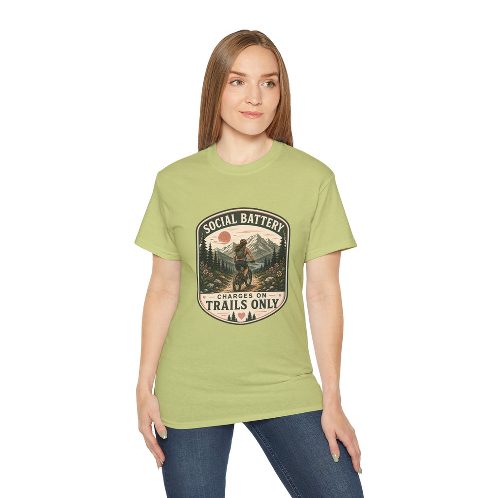 Woman’s Mountain biking T-Shirt — “Social Battery Charges On Trails Only” Outdoor Adventure Tee