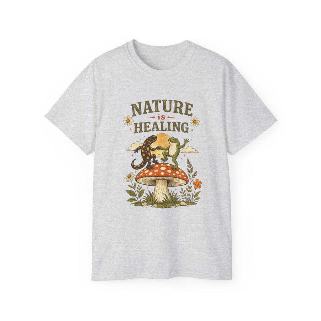 Nature Is Healing T‑Shirt — Retro Mushroom & frog lizard Graphic Tee