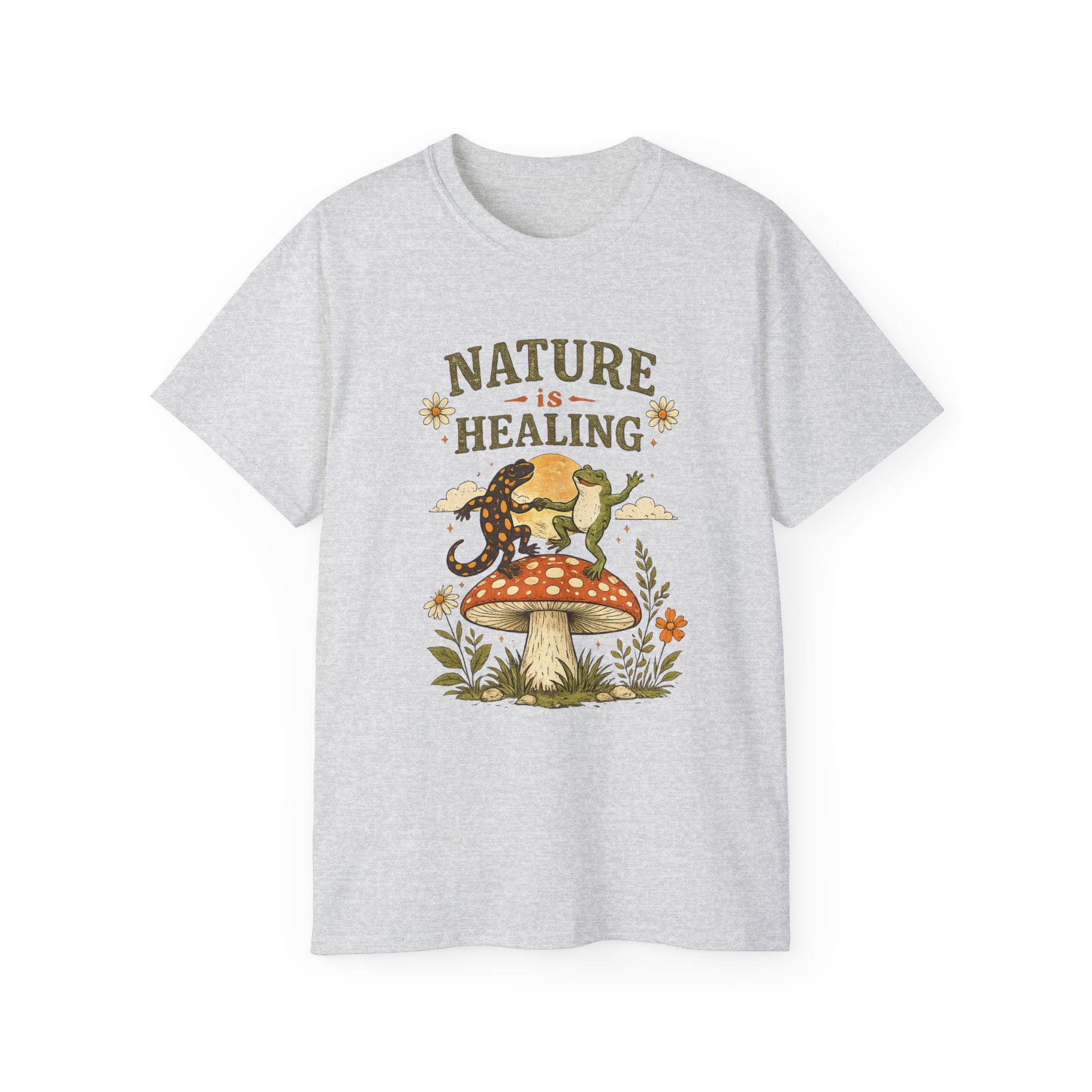 Nature Is Healing T‑Shirt — Retro Mushroom & frog lizard Graphic Tee
