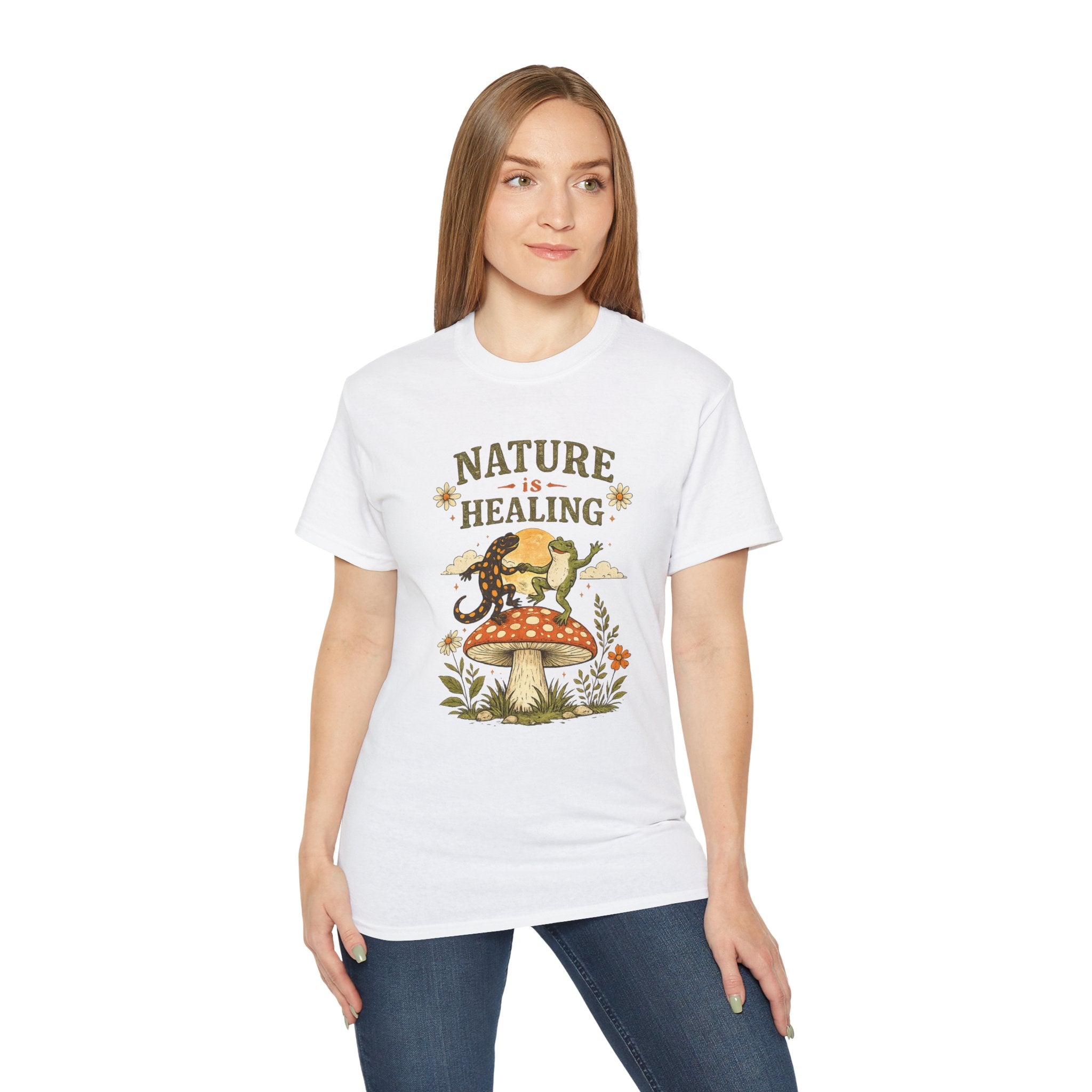 Nature Is Healing T‑Shirt — Retro Mushroom & frog lizard Graphic Tee