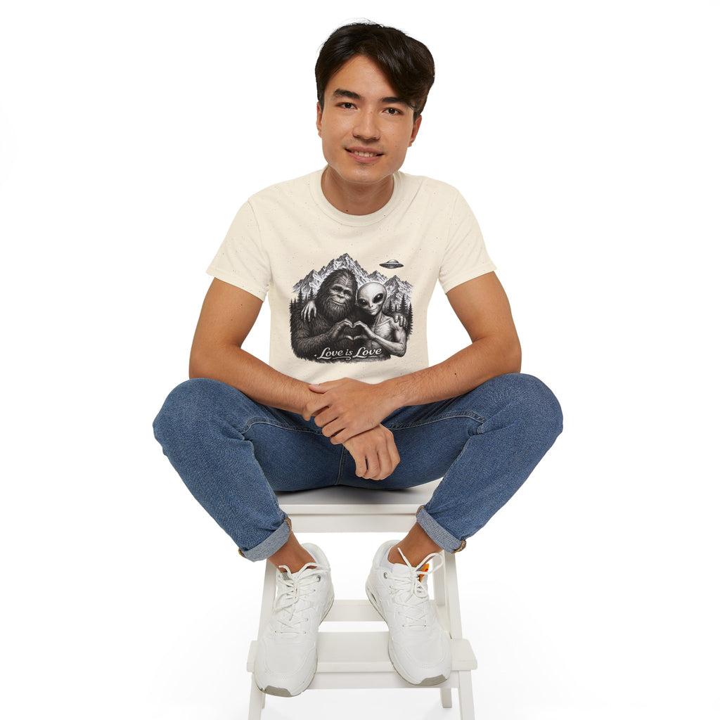 Love Is Love Tee — Bigfoot & Alien Heart Graphic T-Shirt