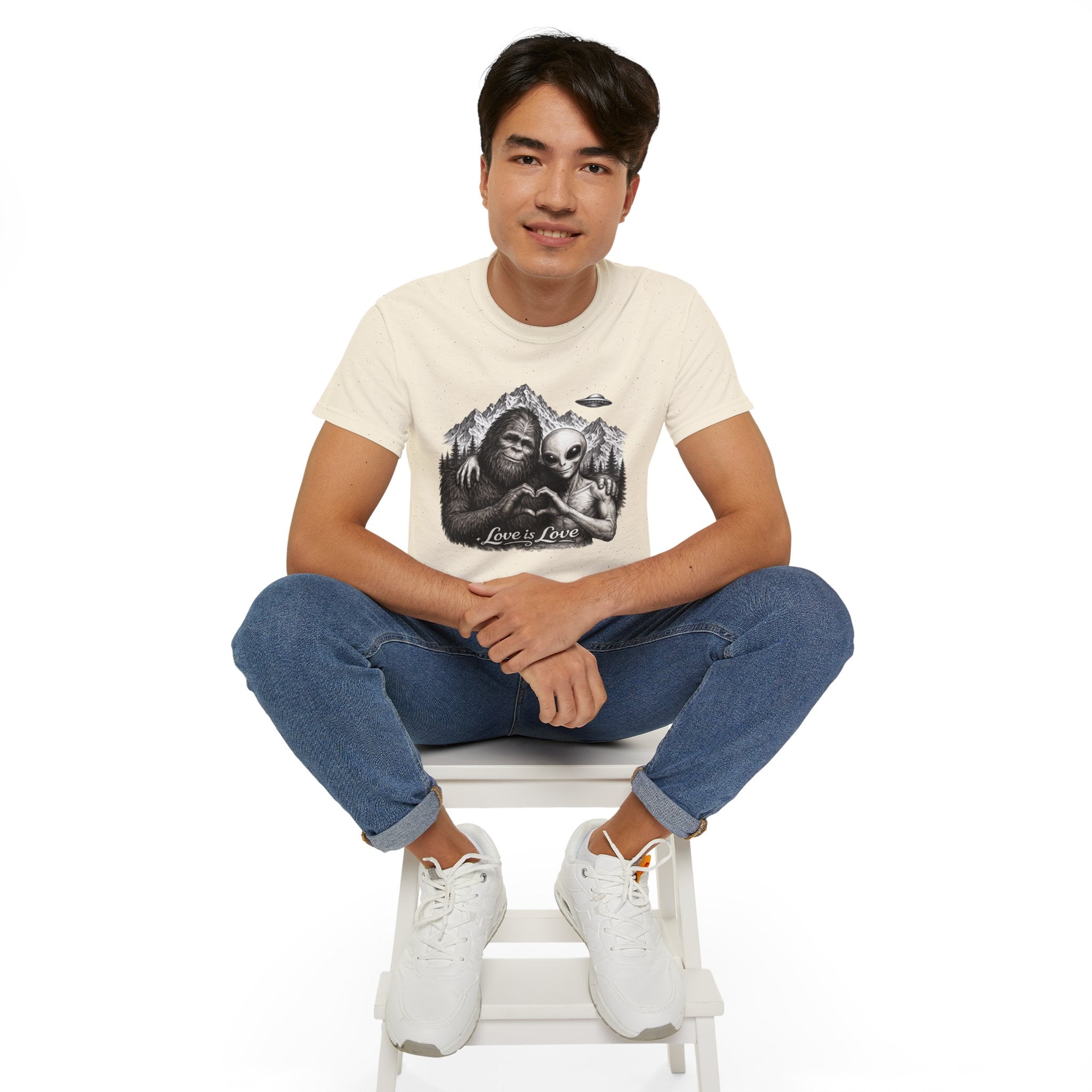 Love Is Love Tee — Bigfoot & Alien Heart Graphic T-Shirt
