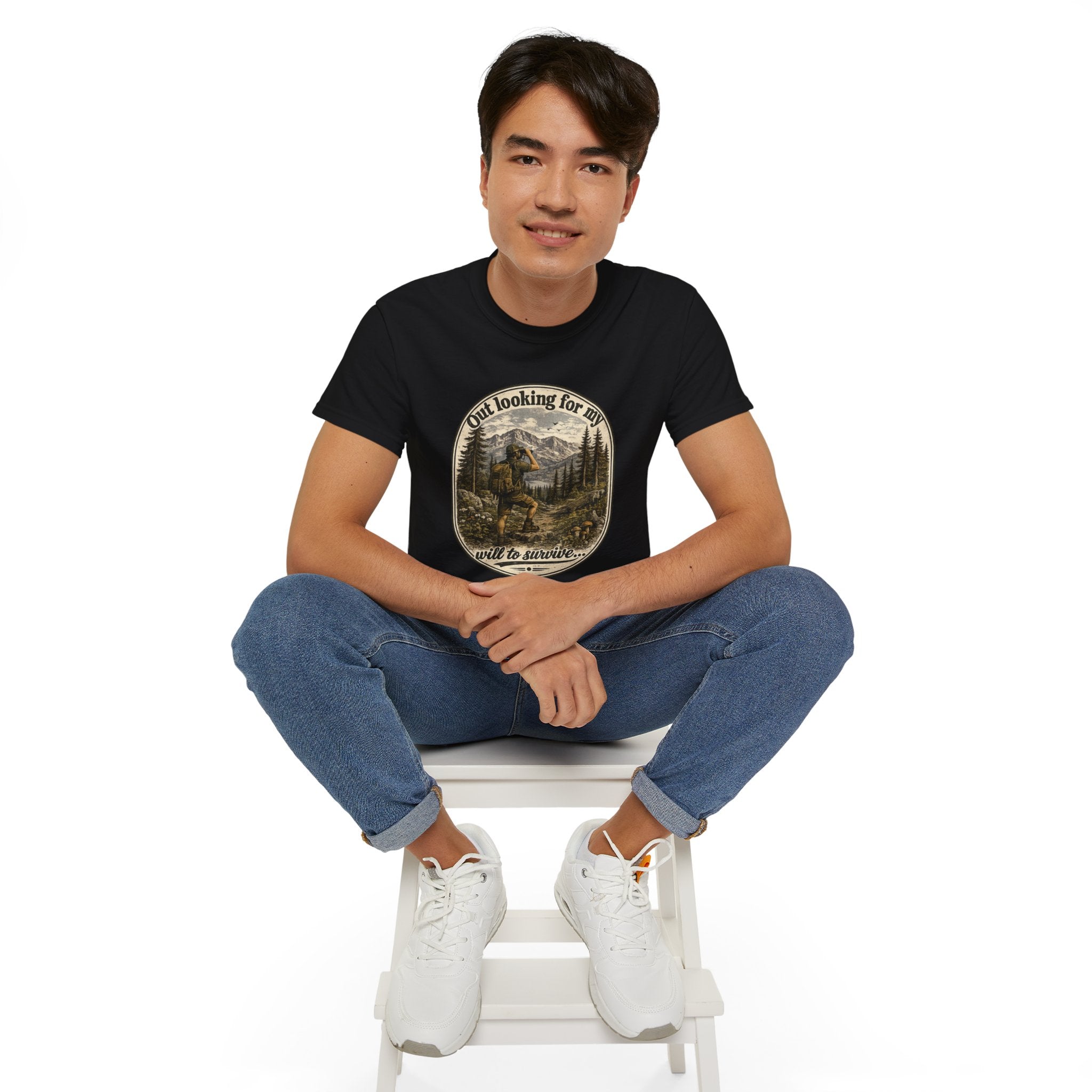 Adventure Graphic Tee — “Out Looking for My Will to Survive” Mountain Hiking Shirt