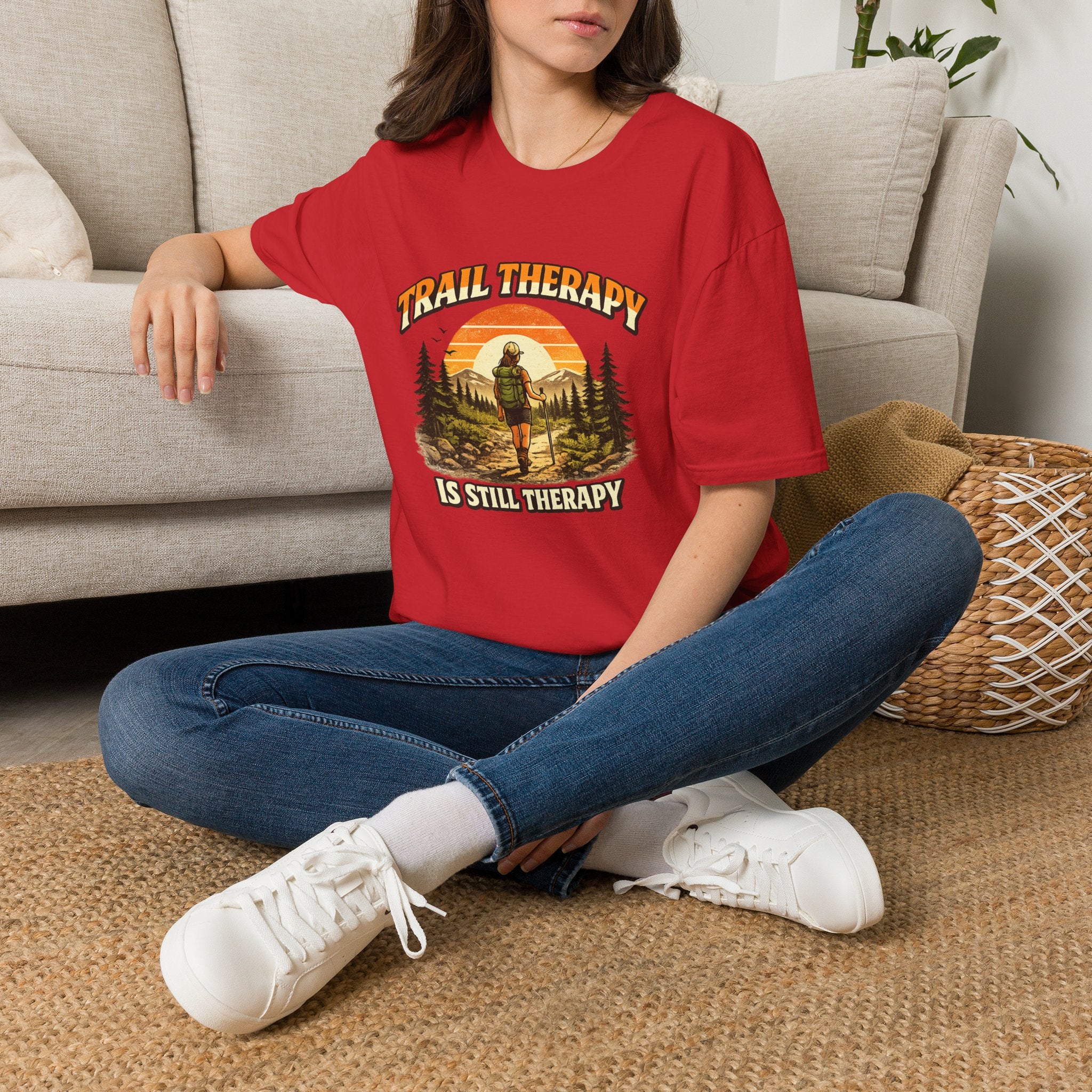 Woman’s Trail Therapy T-Shirt — Female Hiker Sunset Graphic