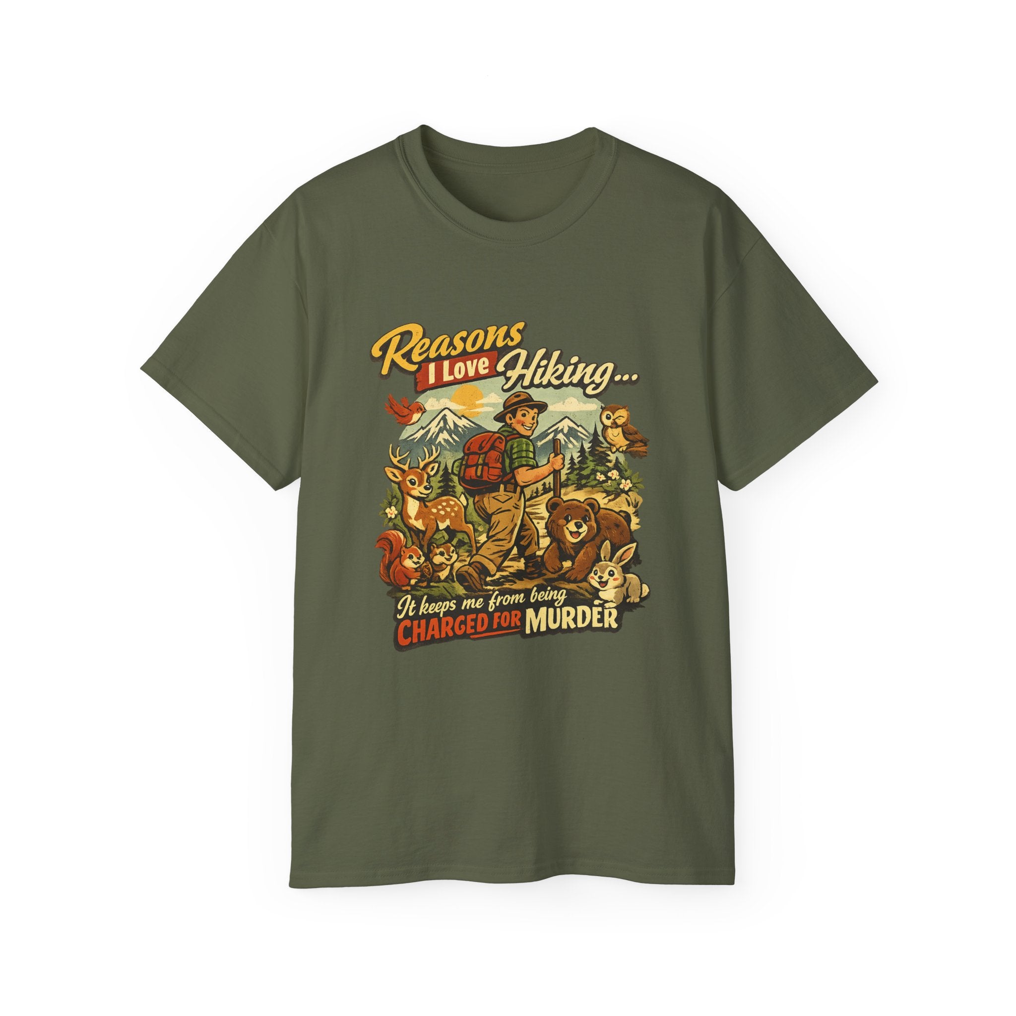 Hiking T-Shirt — Men’s "Reasons I Love Hiking... It Keeps Me From Being Charged For Murder" Vintage Outdoor Tee