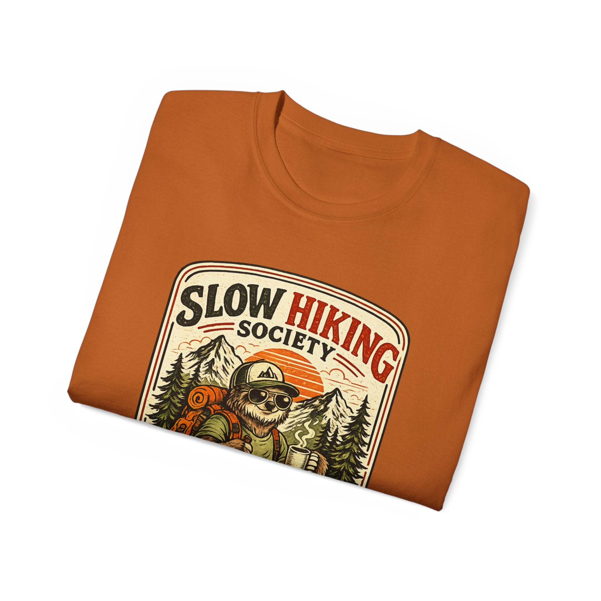 Slow Hiking Society T-Shirt — 'Last One to the Top Wins' Vintage Outdoor Tee
