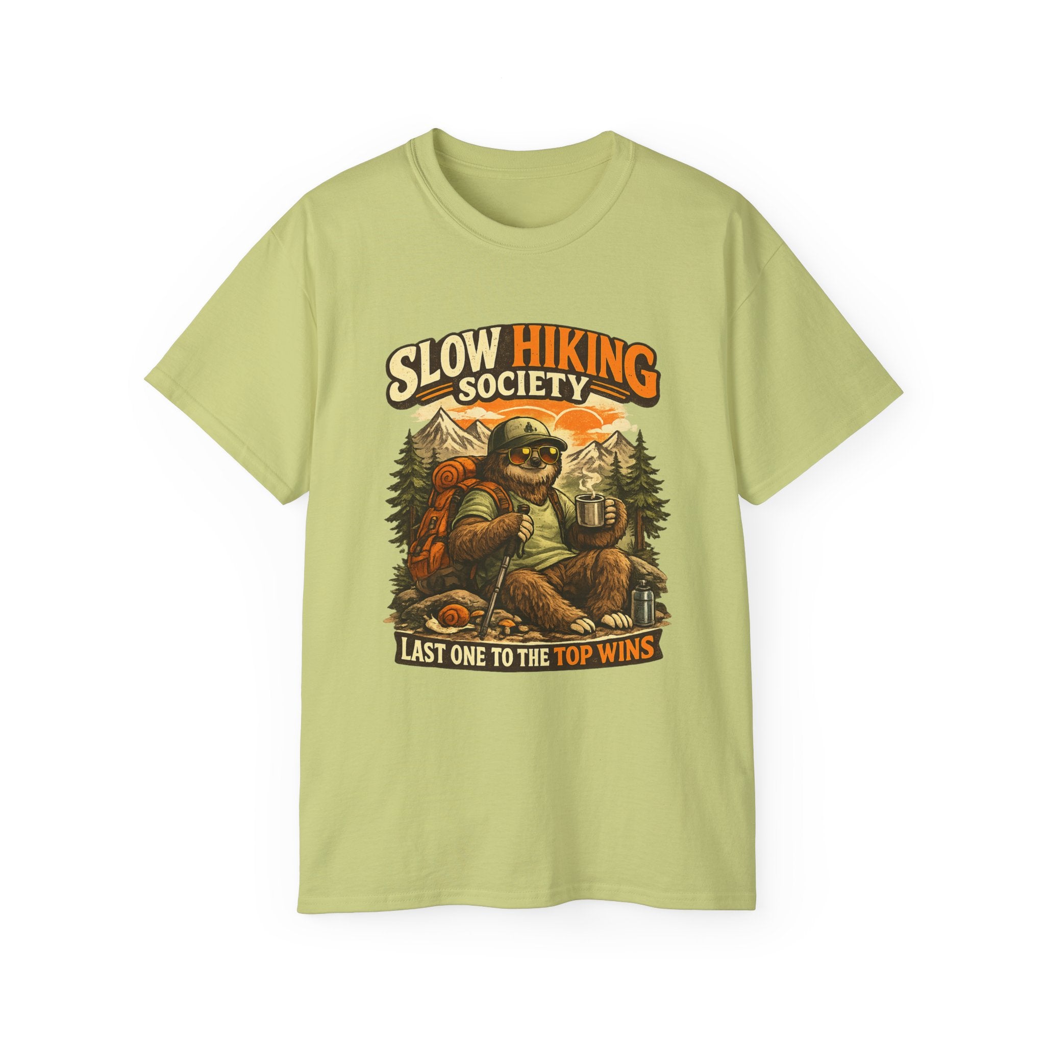 Slow Hiking Society T-Shirt — "Last One to the Top Wins" Vintage Outdoor Tee