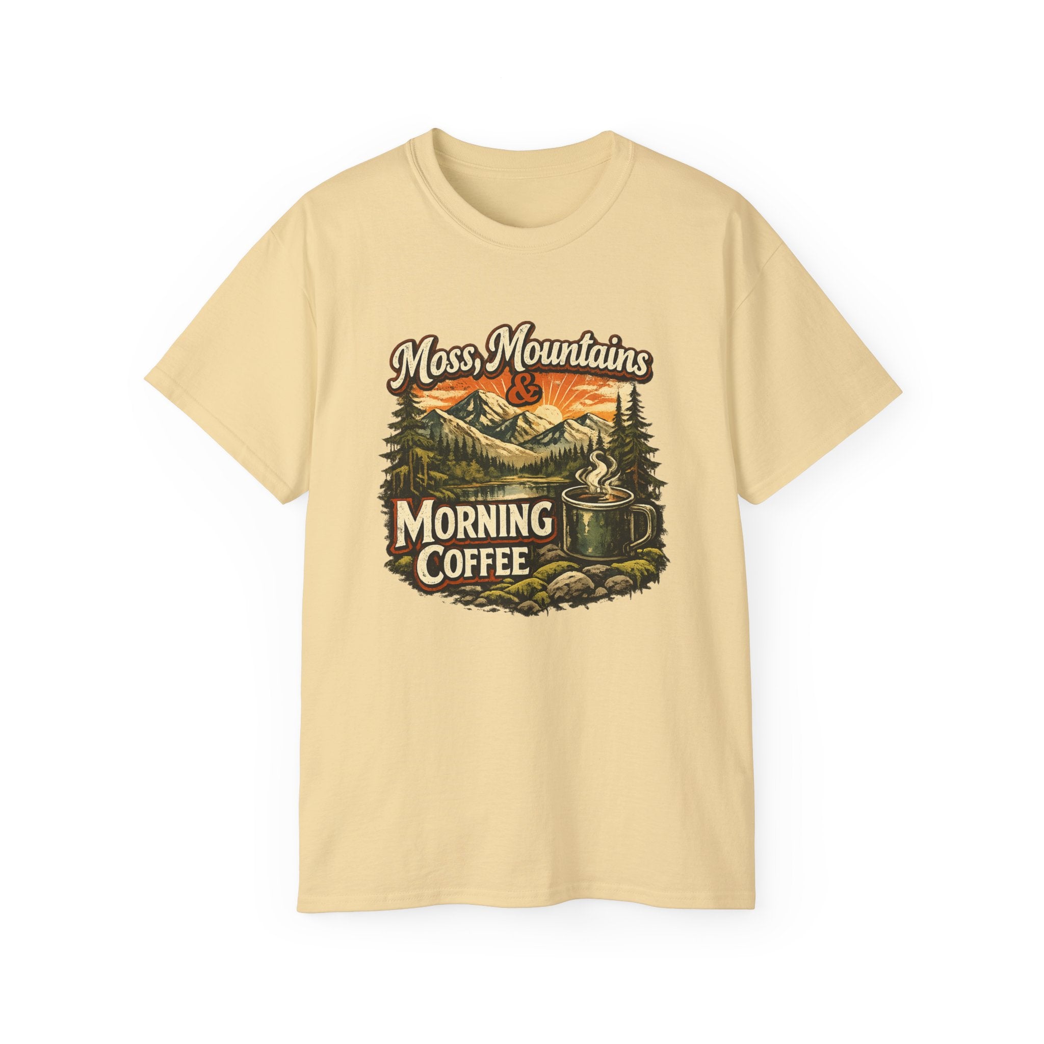 Moss, Mountains & Morning Coffee Tee — Vintage Camping Coffee T‑Shirt
