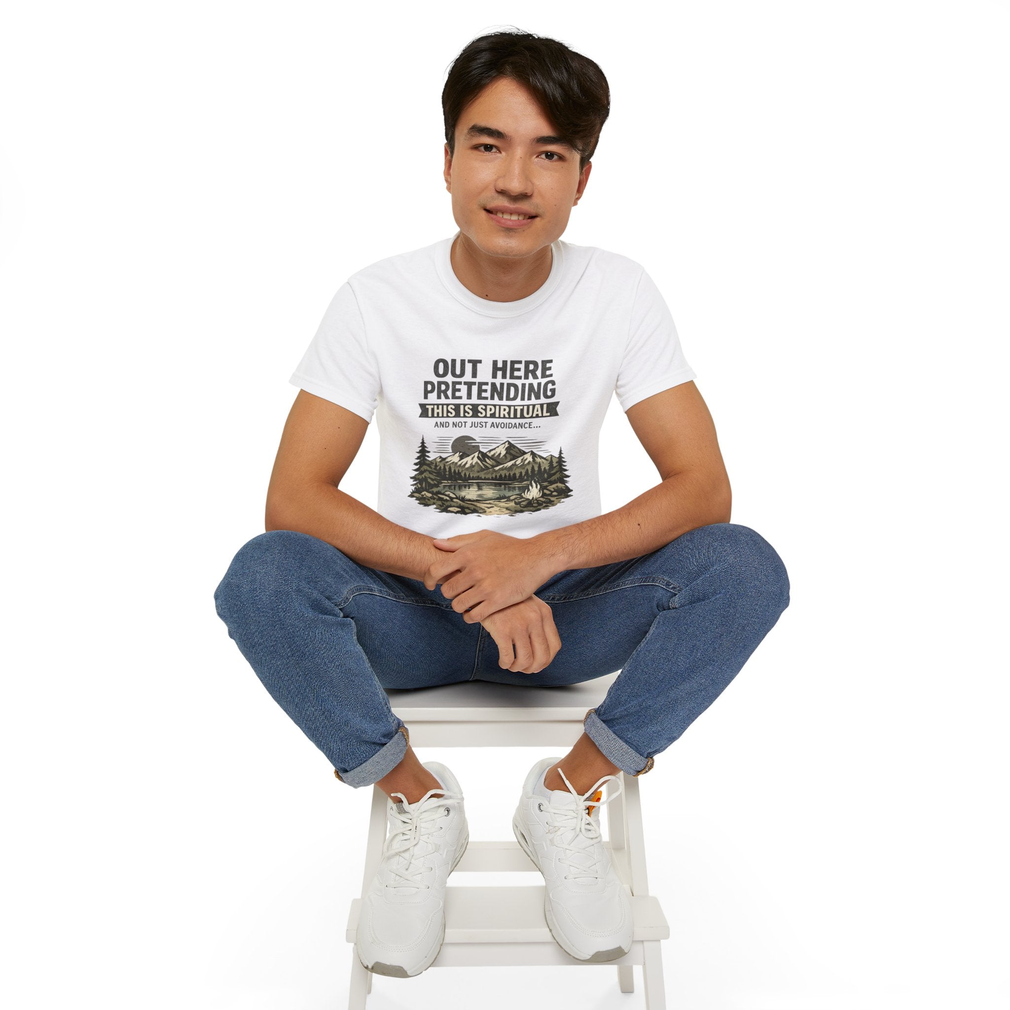 “Out Here Pretending This Is Spiritual” Mountain Camping Shirt