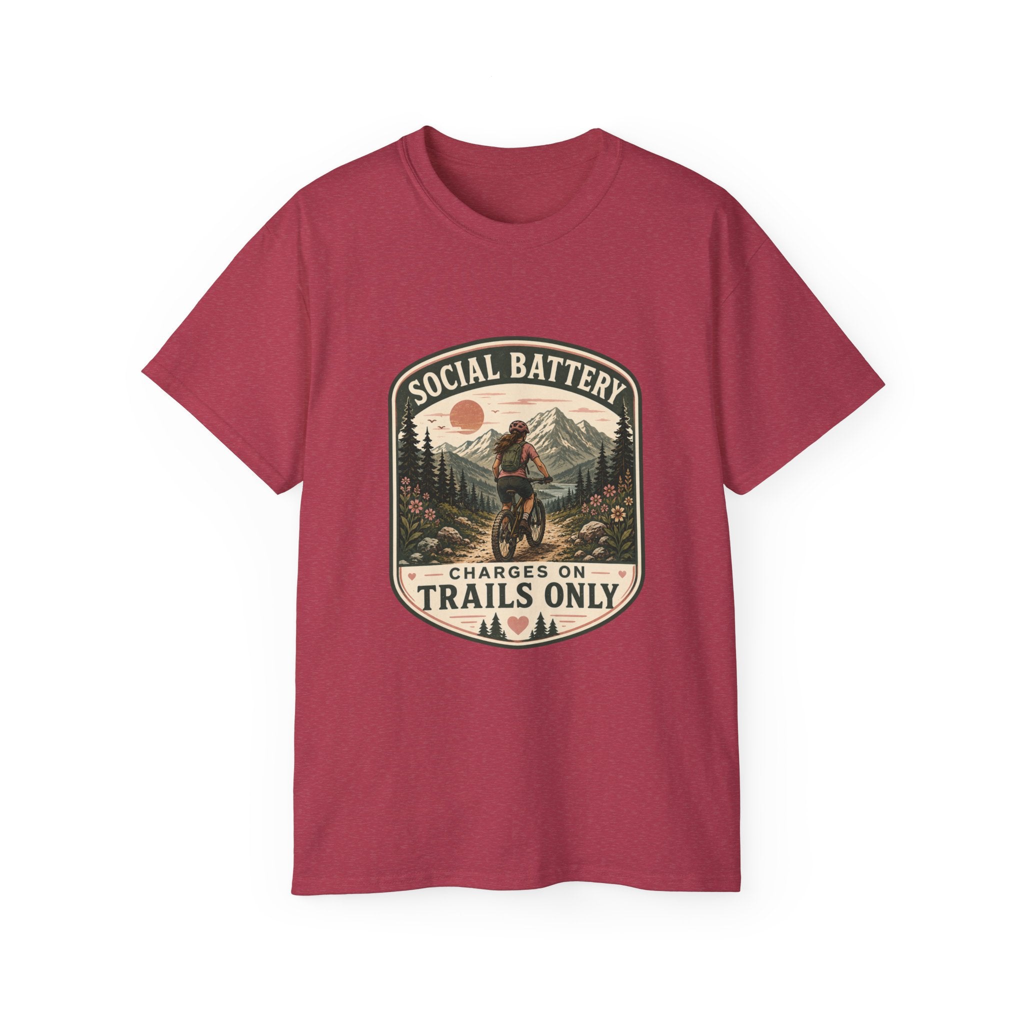 Woman’s Mountain biking T-Shirt — “Social Battery Charges On Trails Only” Outdoor Adventure Tee
