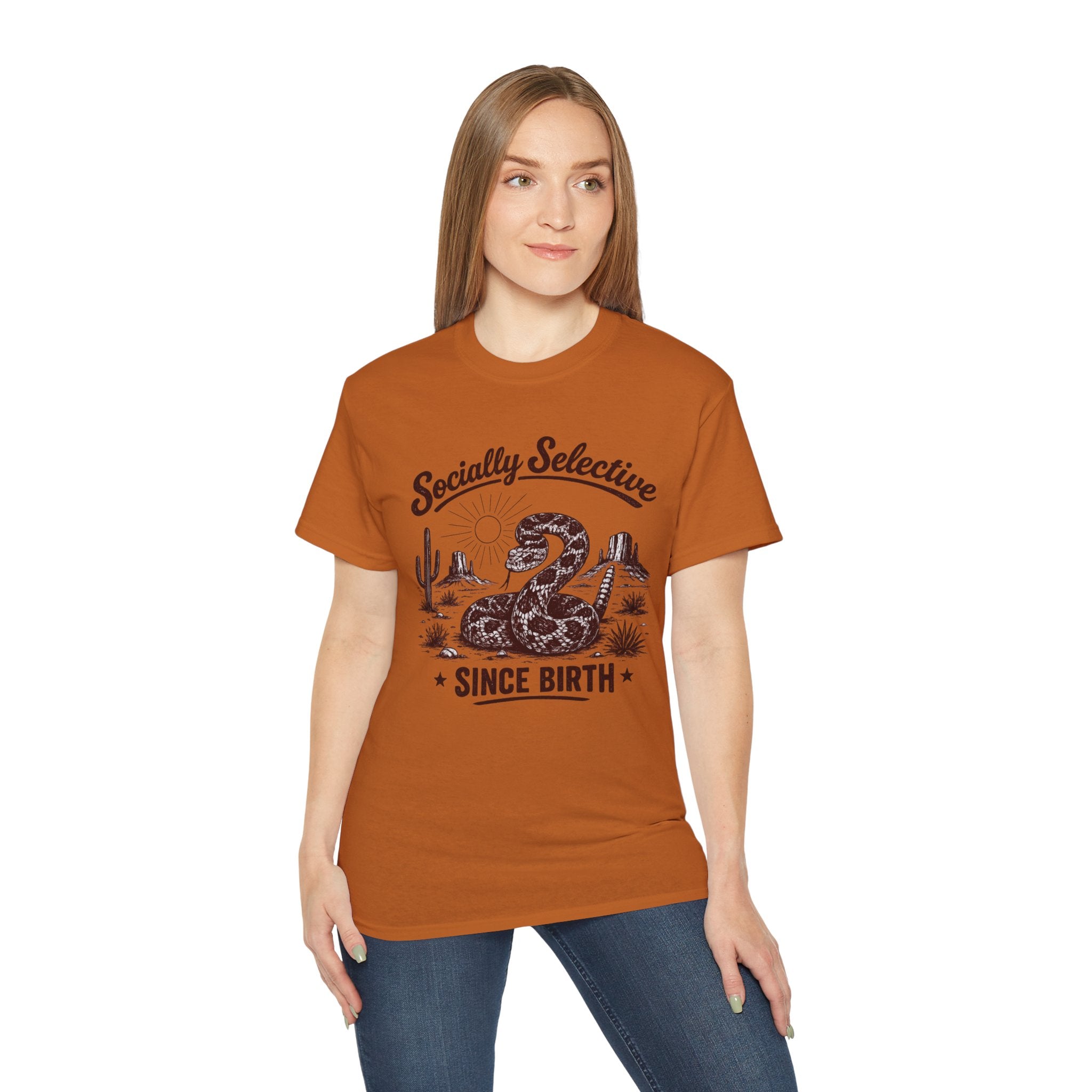 T-Shirt — "Socially Selective Since Birth" Vintage Desert Snake Graphic Tee