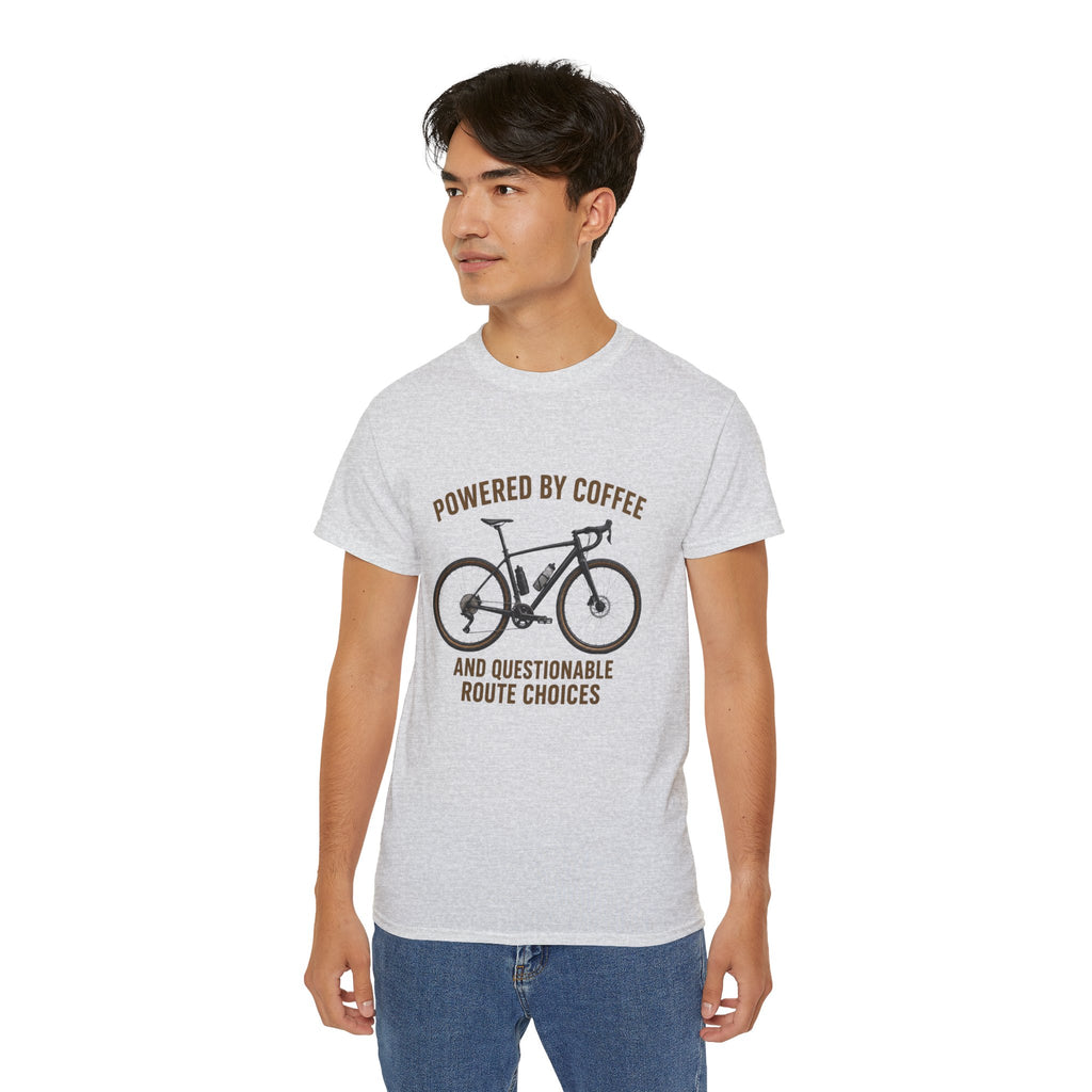 Unisex Coffee-Powered gravel Bike T-Shirt — "Powered by Coffee and Questionable Route Choices"