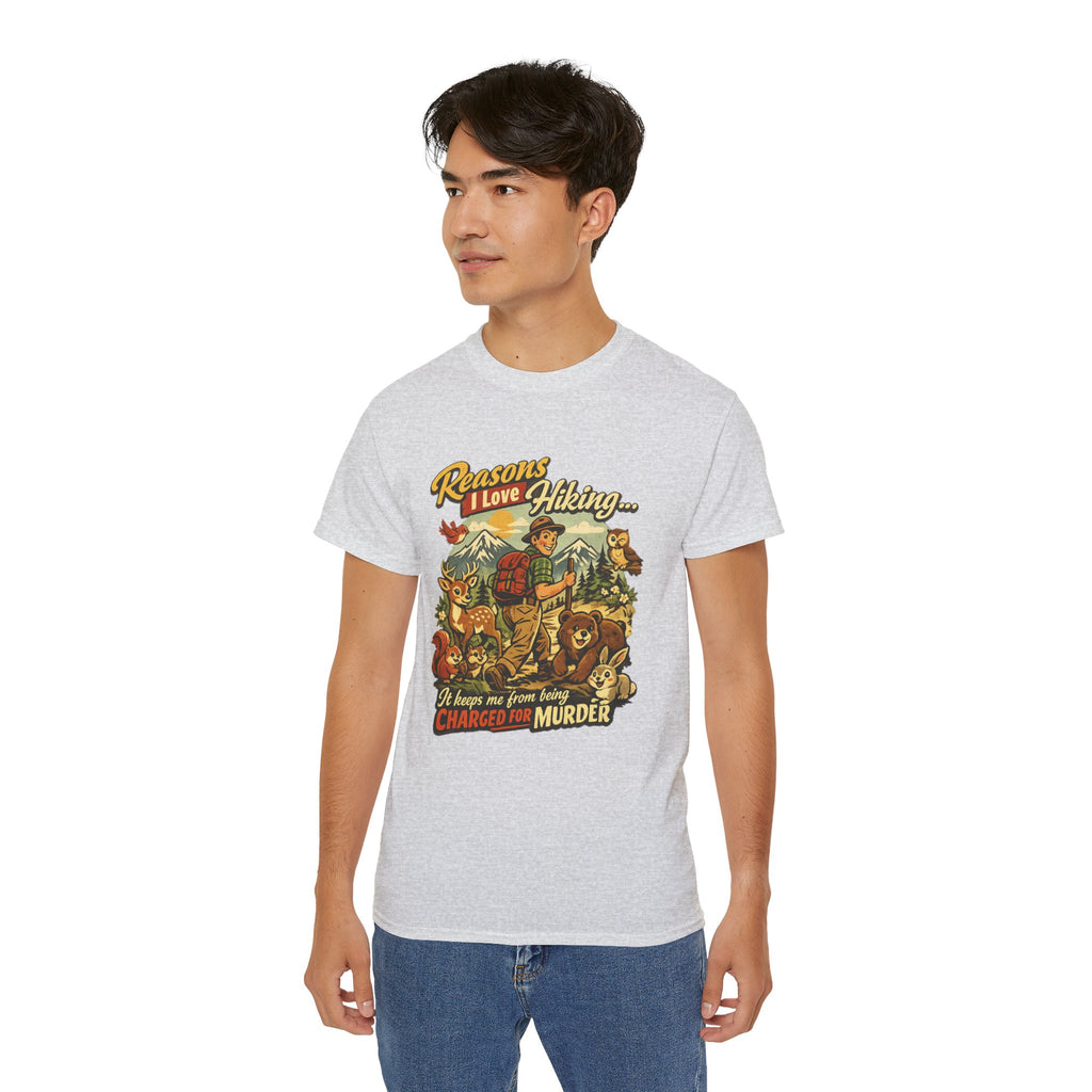Hiking T-Shirt — Men’s "Reasons I Love Hiking... It Keeps Me From Being Charged For Murder" Vintage Outdoor Tee