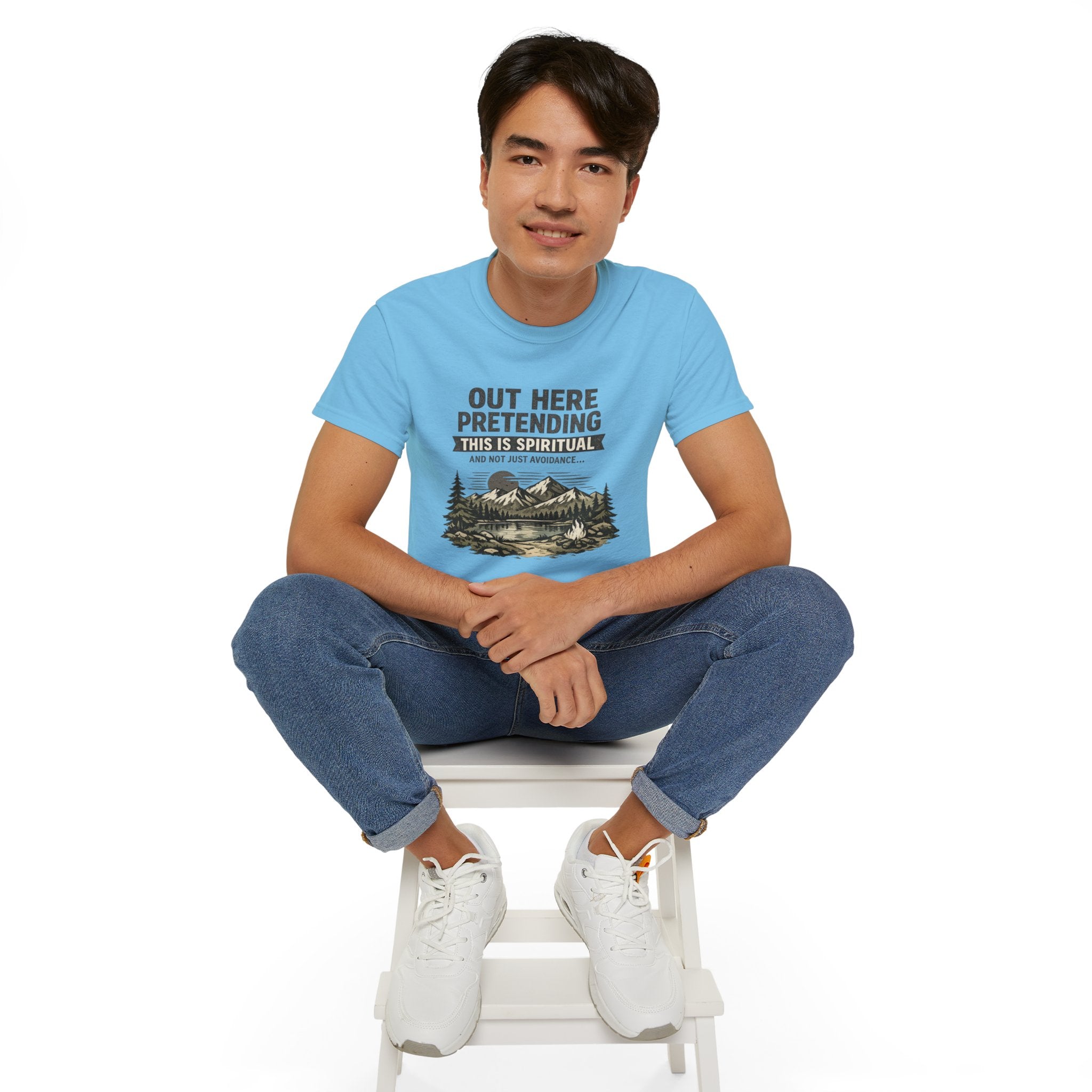 “Out Here Pretending This Is Spiritual” Mountain Camping Shirt