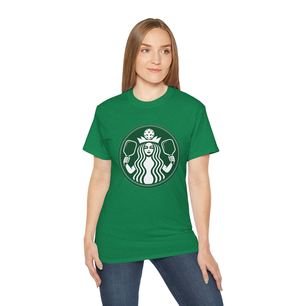 Coffee pickleball Logo Tee — Retro Mermaid Holding paddles Graphic T-Shirt