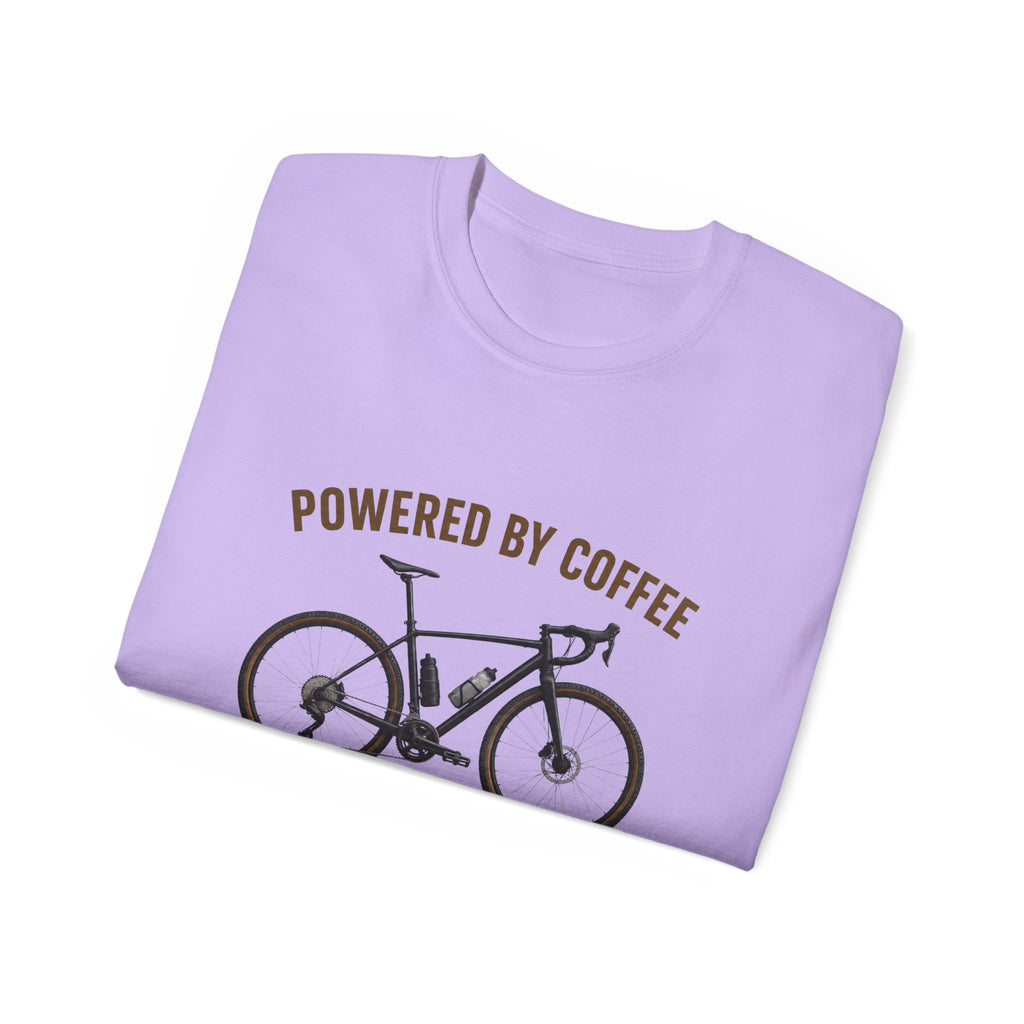 Unisex Coffee-Powered gravel Bike T-Shirt — "Powered by Coffee and Questionable Route Choices"