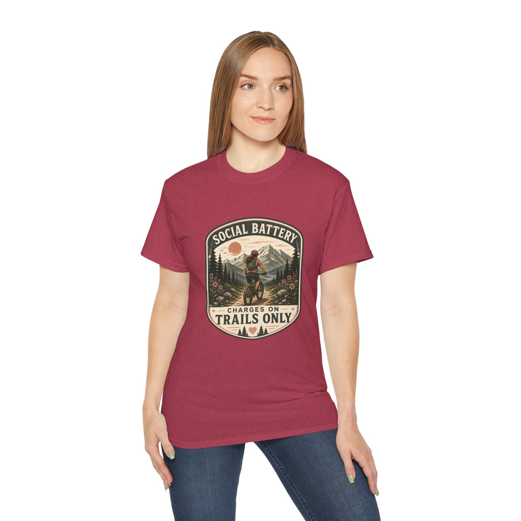 Woman’s Mountain biking T-Shirt — “Social Battery Charges On Trails Only” Outdoor Adventure Tee