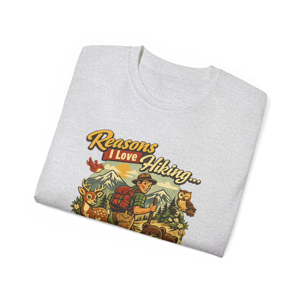 Hiking T-Shirt — Men’s "Reasons I Love Hiking... It Keeps Me From Being Charged For Murder" Vintage Outdoor Tee