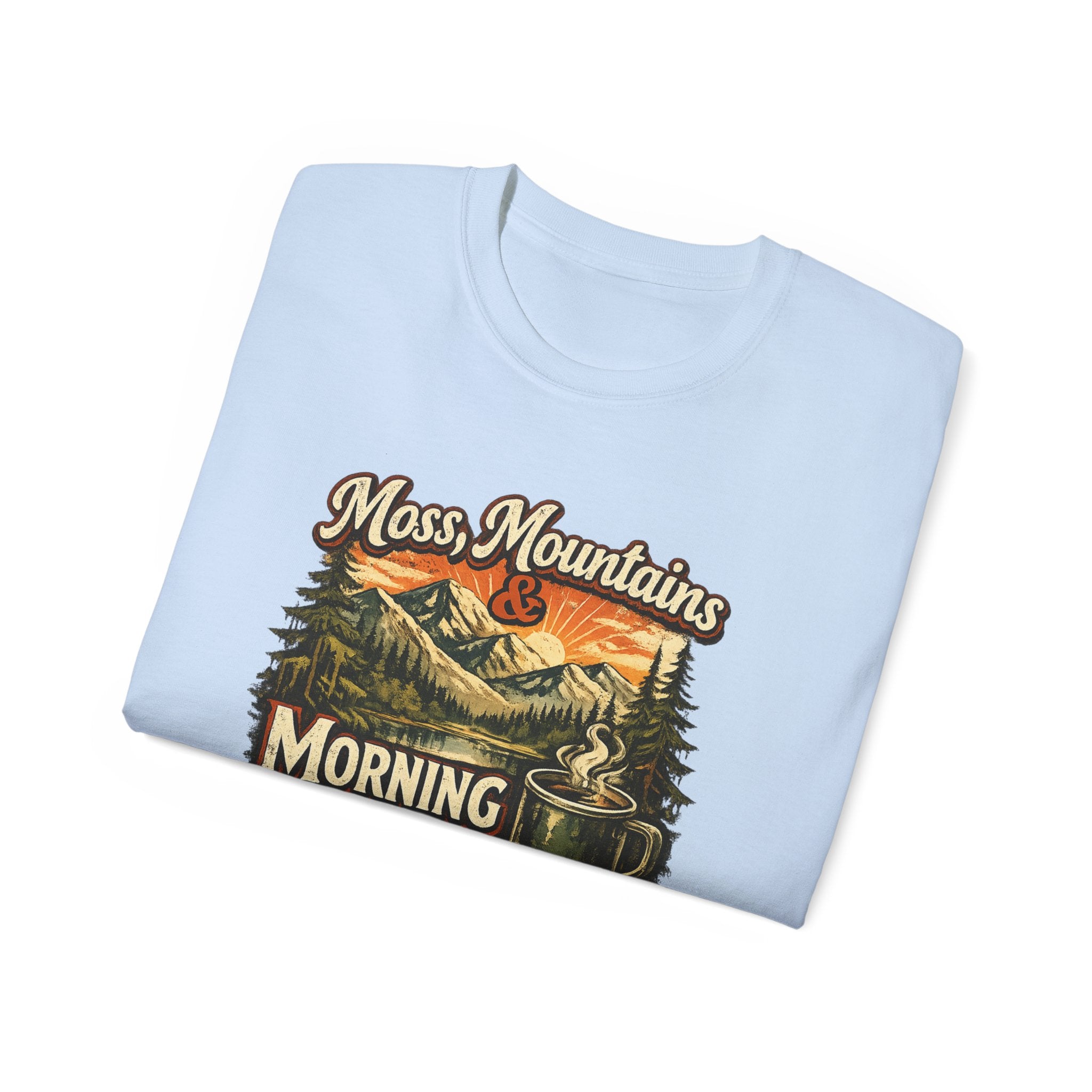 Moss, Mountains & Morning Coffee Tee — Vintage Camping Coffee T‑Shirt