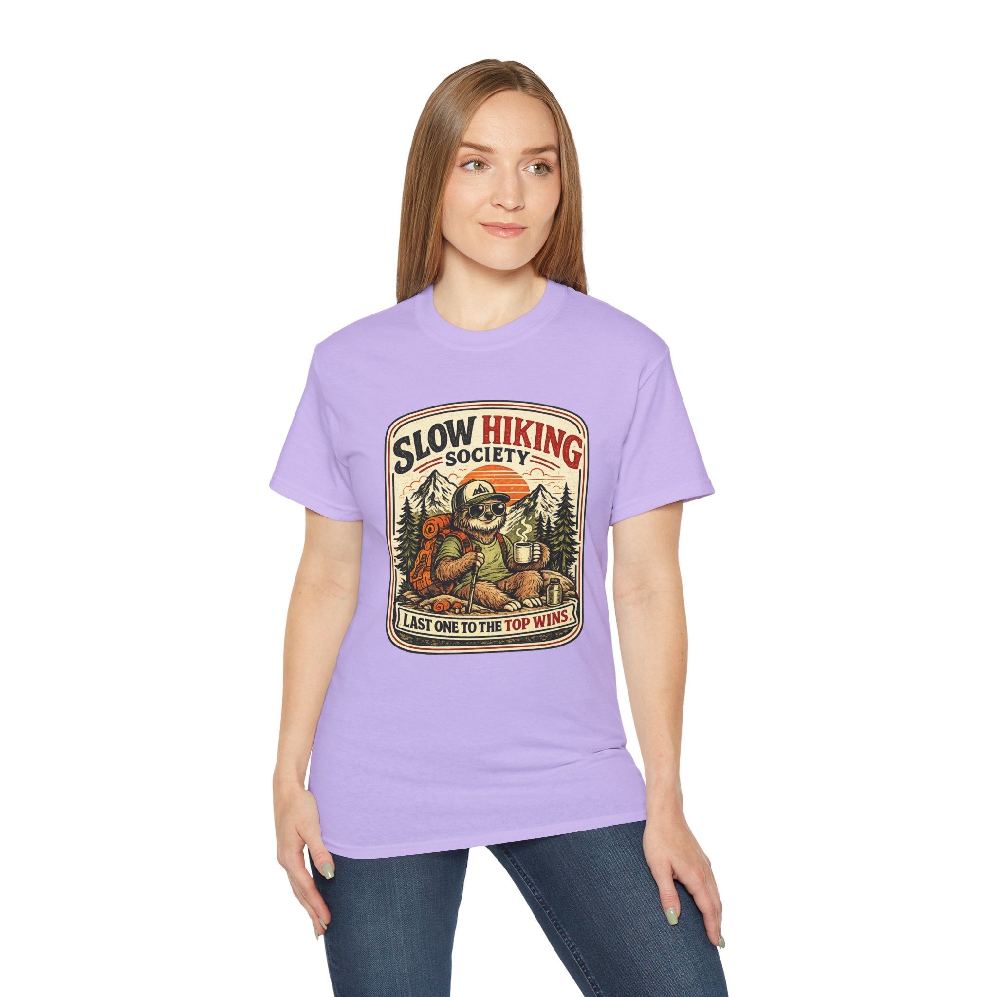 Slow Hiking Society T-Shirt — 'Last One to the Top Wins' Vintage Outdoor Tee
