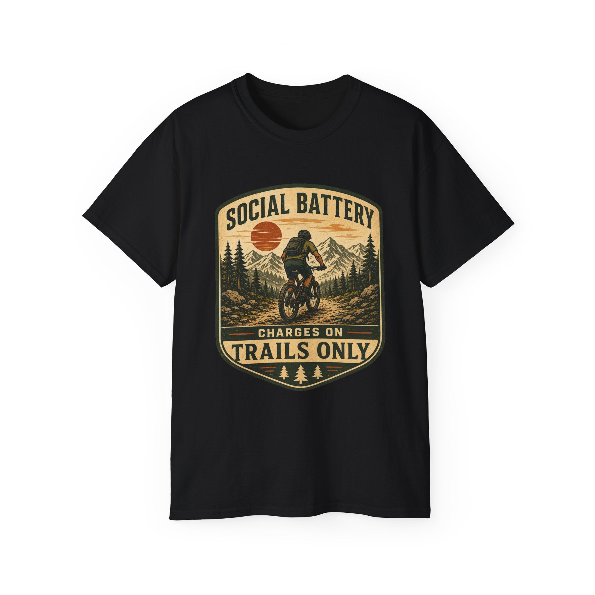 Mountain Biking Tee — "Social Battery Charges on Trails Only" Graphic T‑Shirt