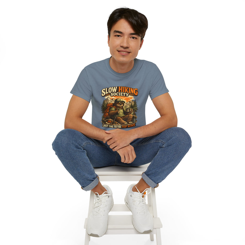 Slow Hiking Society T-Shirt — "Last One to the Top Wins" Vintage Outdoor Tee