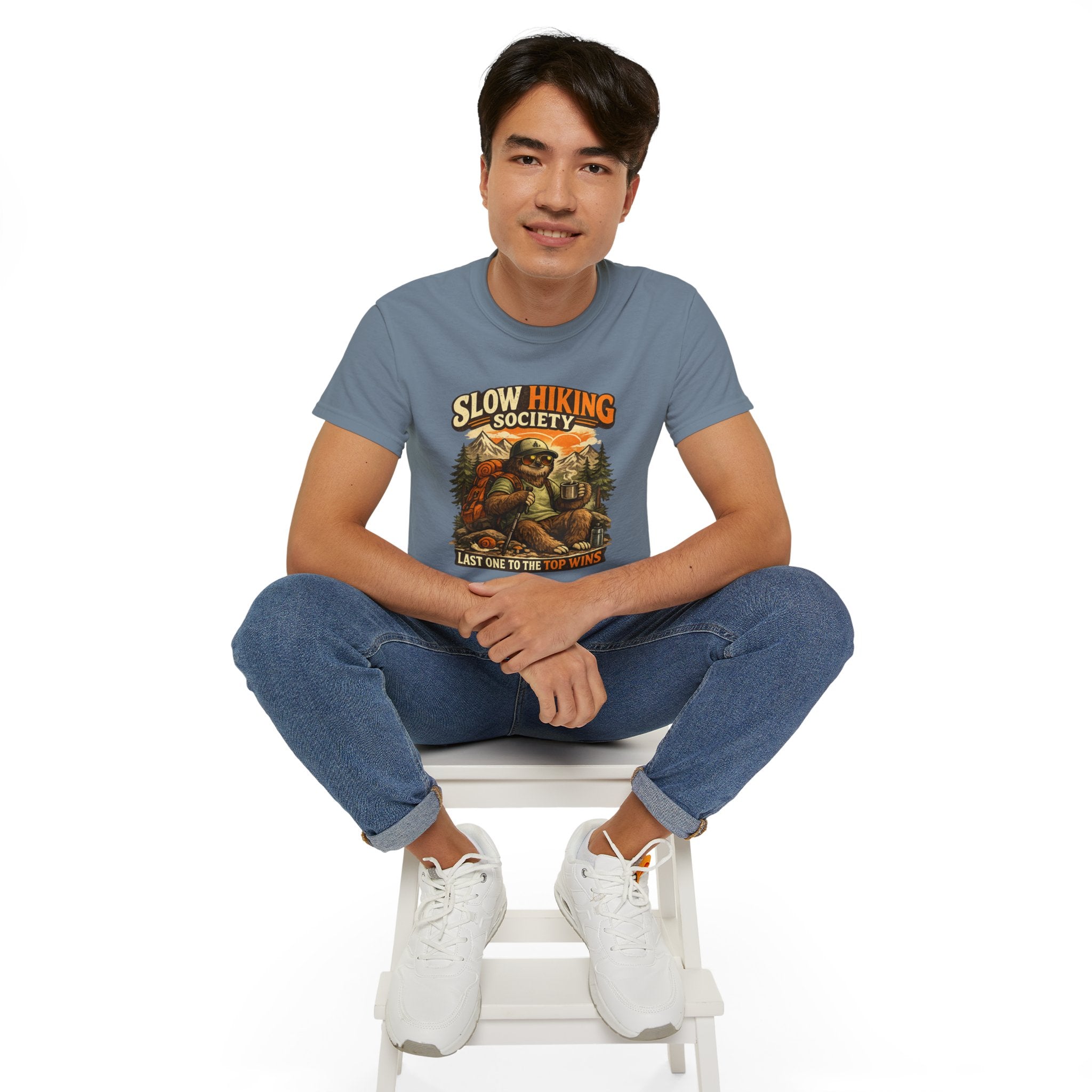 Slow Hiking Society T-Shirt — "Last One to the Top Wins" Vintage Outdoor Tee