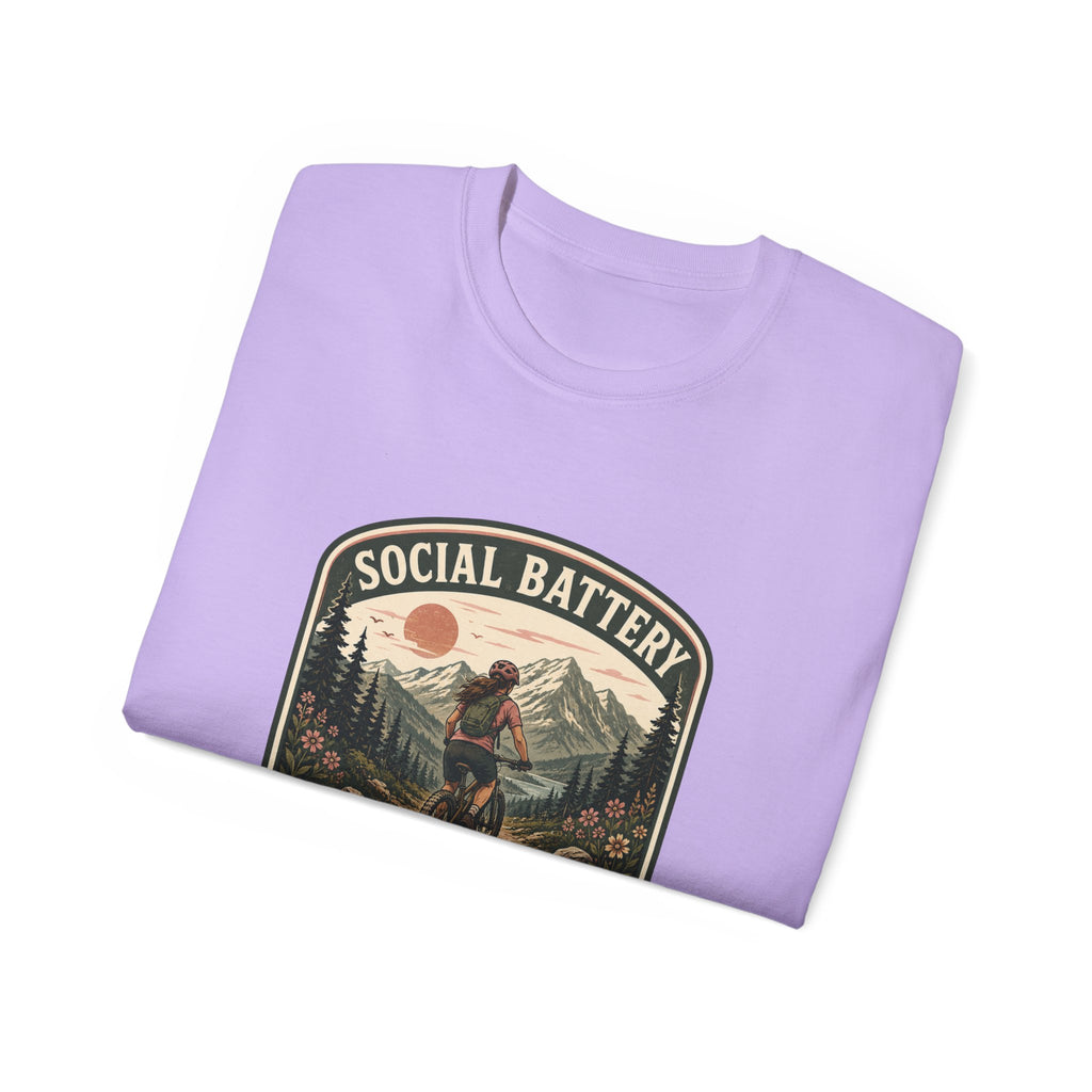 Woman’s Mountain biking T-Shirt — “Social Battery Charges On Trails Only” Outdoor Adventure Tee