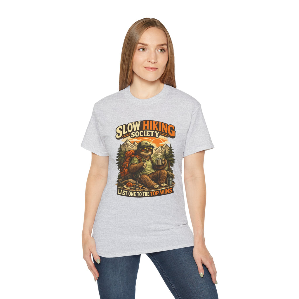 Slow Hiking Society T-Shirt — "Last One to the Top Wins" Vintage Outdoor Tee