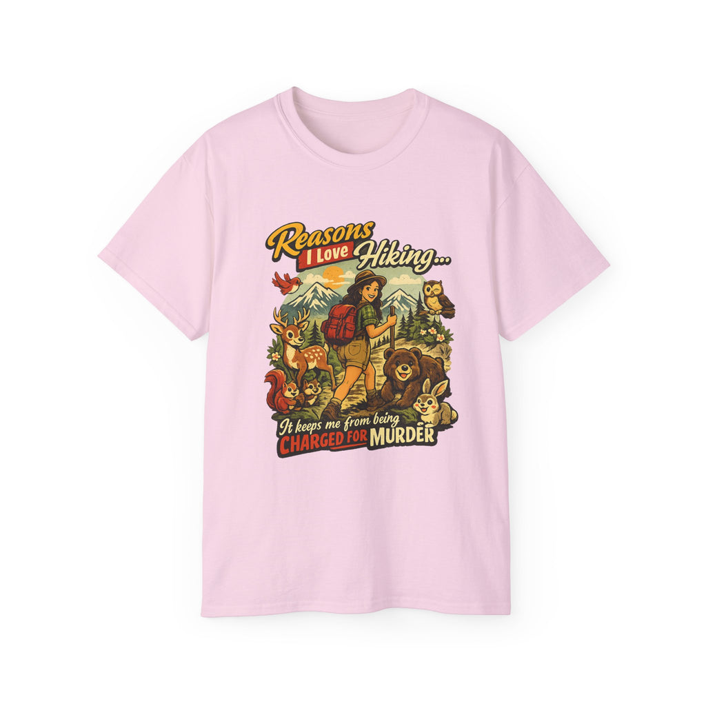 Hiking T-Shirt — "Reasons I Love Hiking... It Keeps Me From Being Charged For Murder" Retro Outdoor Tee