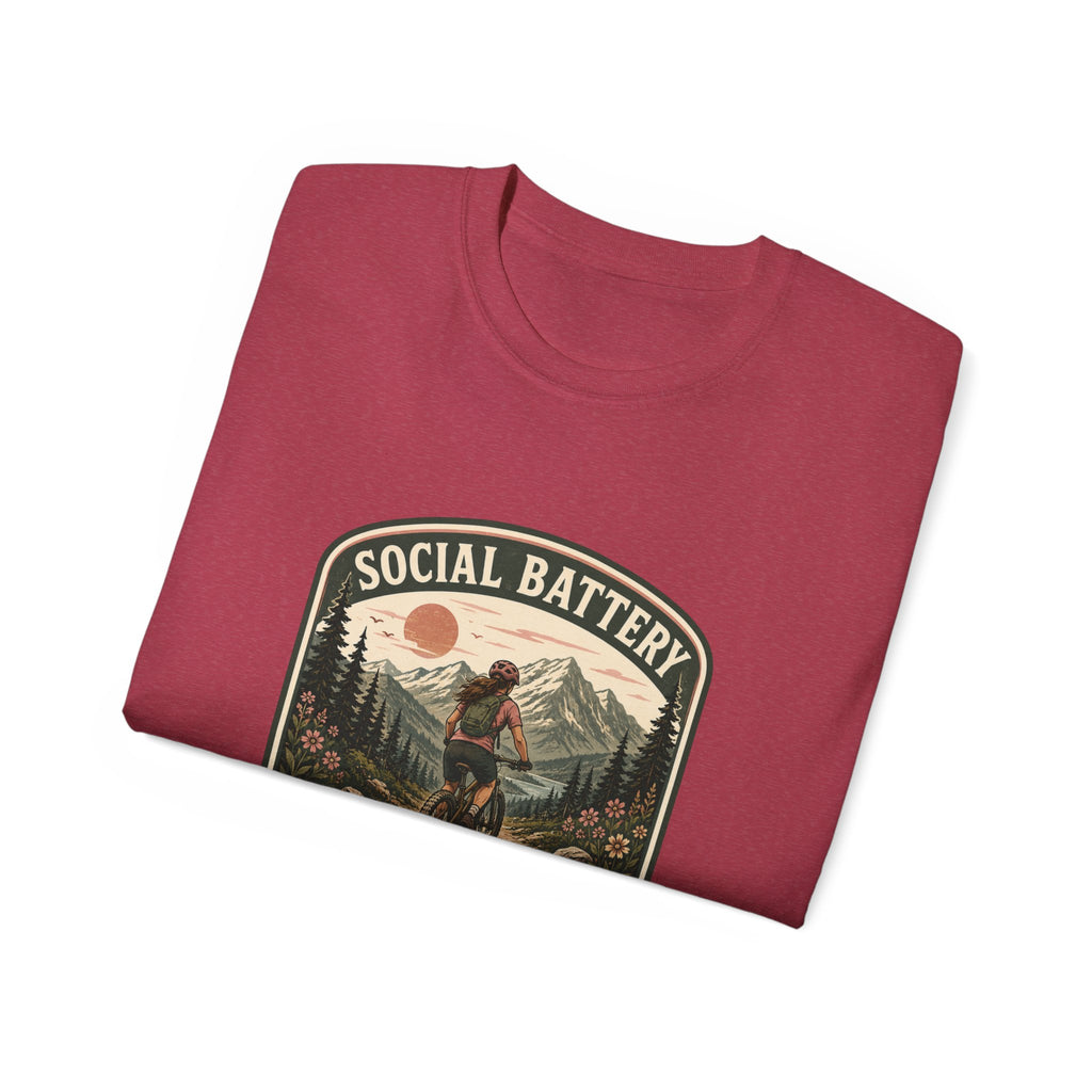 Woman’s Mountain biking T-Shirt — “Social Battery Charges On Trails Only” Outdoor Adventure Tee