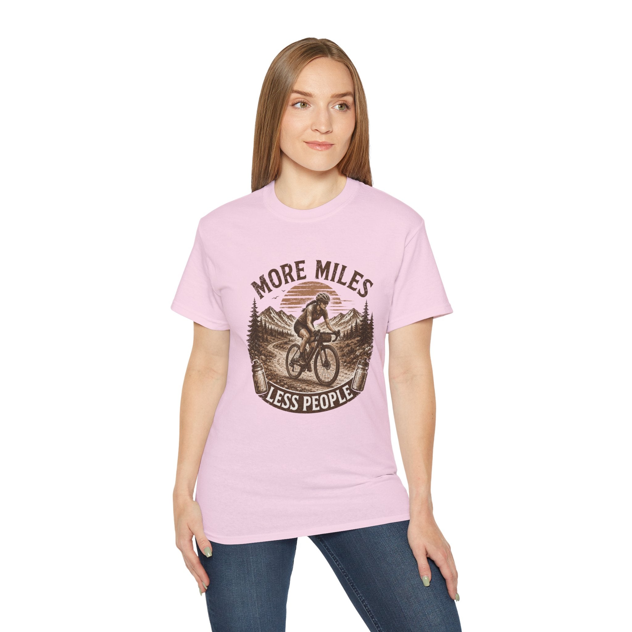 Women’s Gravel Cycling Tee — "More Miles Less People" Gravel Biker Shirt