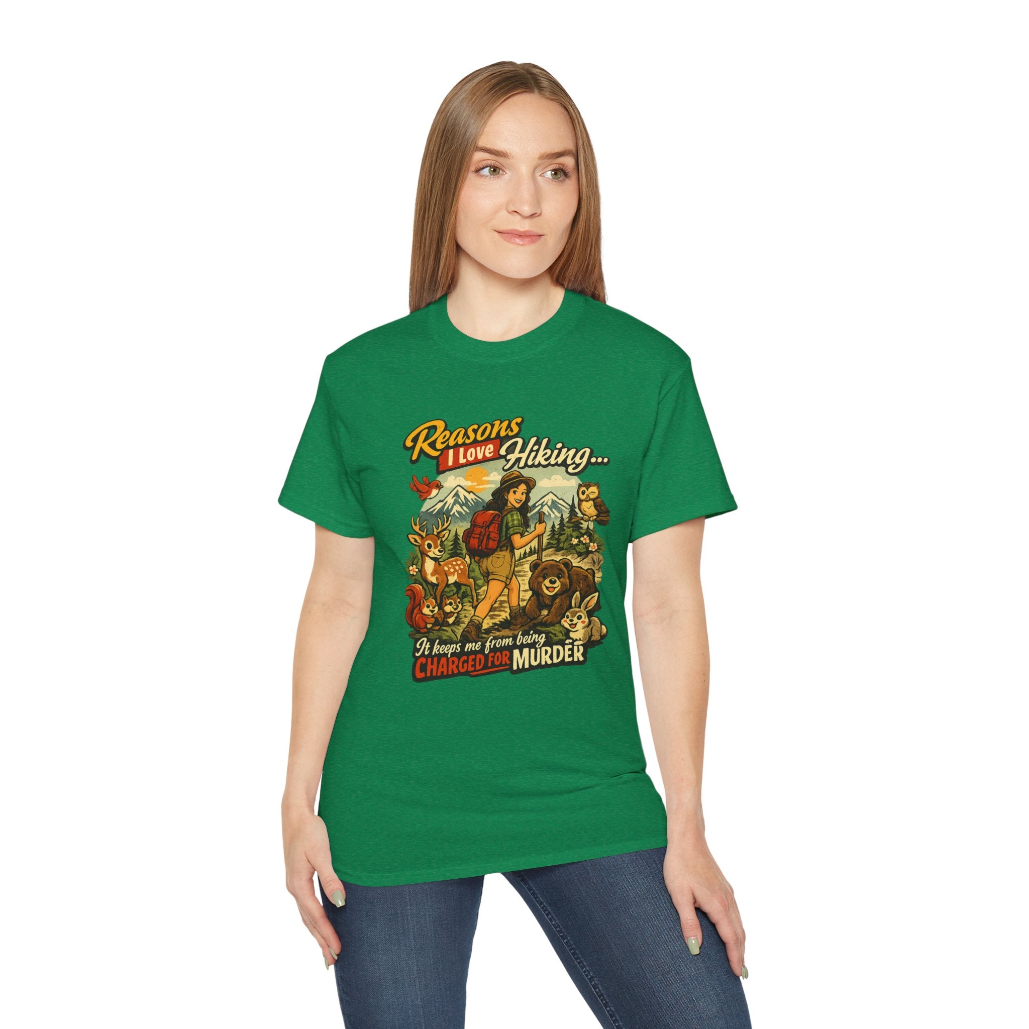 Hiking T-Shirt — "Reasons I Love Hiking... It Keeps Me From Being Charged For Murder" Retro Outdoor Tee