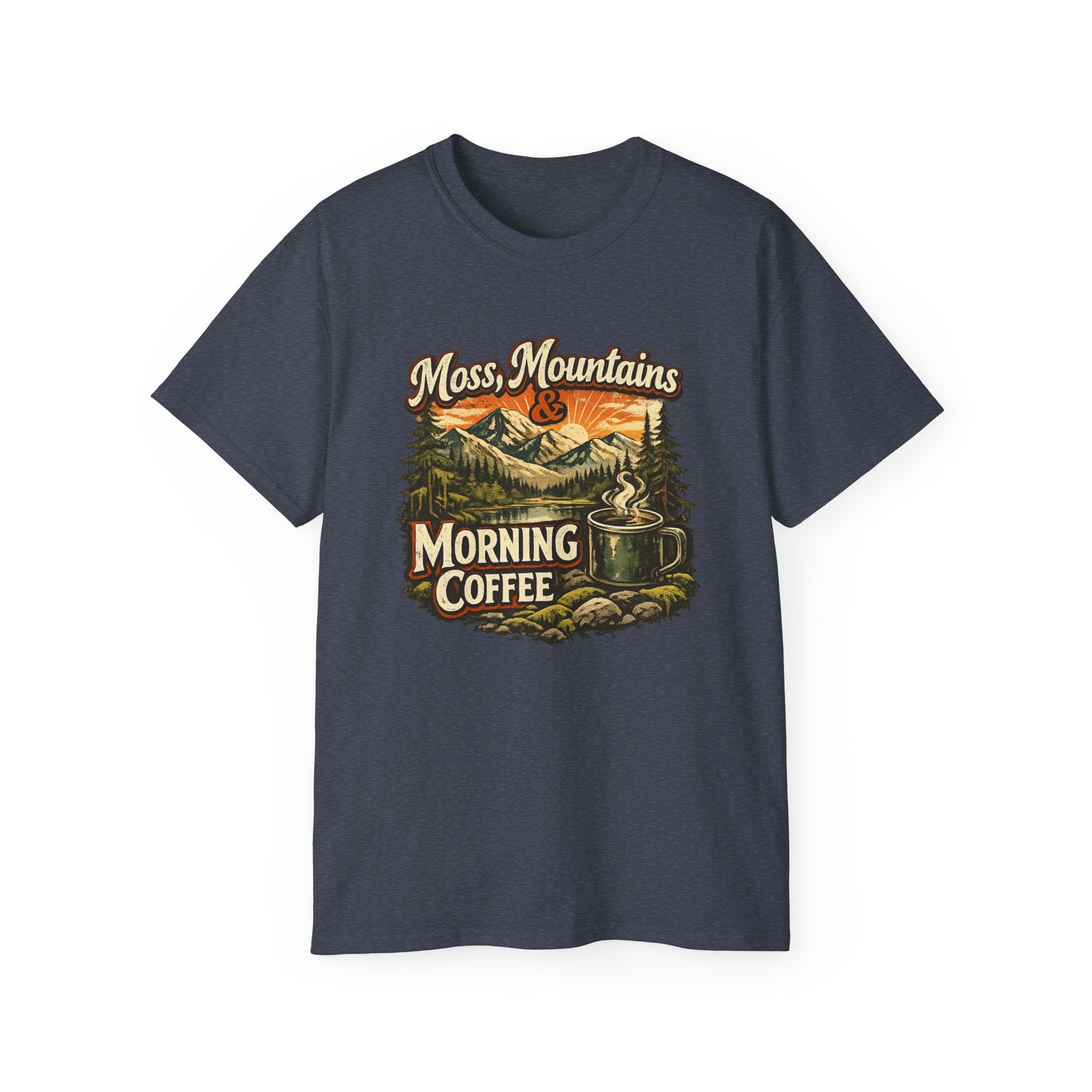 Moss, Mountains & Morning Coffee Tee — Vintage Camping Coffee T‑Shirt