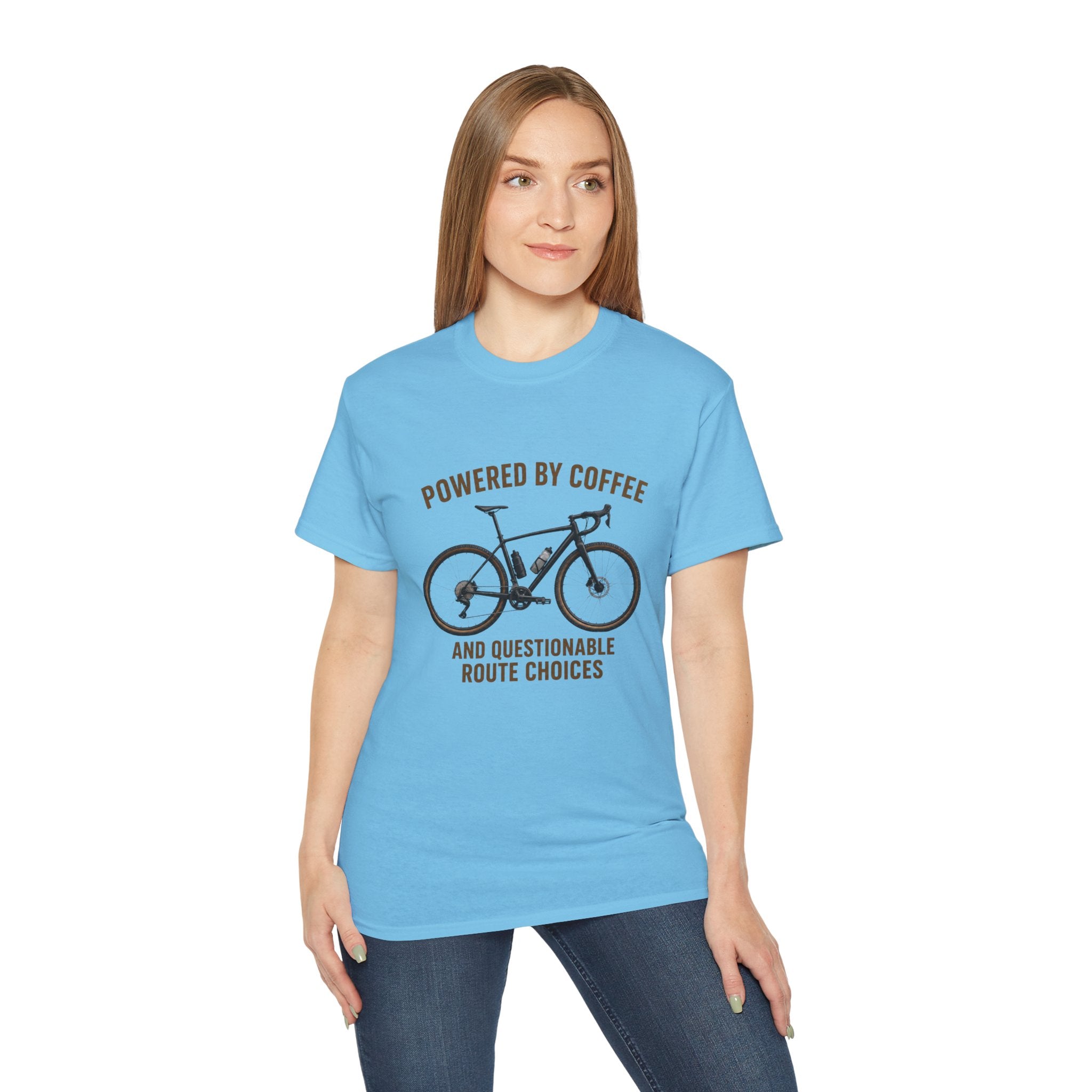 Unisex Coffee-Powered gravel Bike T-Shirt — "Powered by Coffee and Questionable Route Choices"