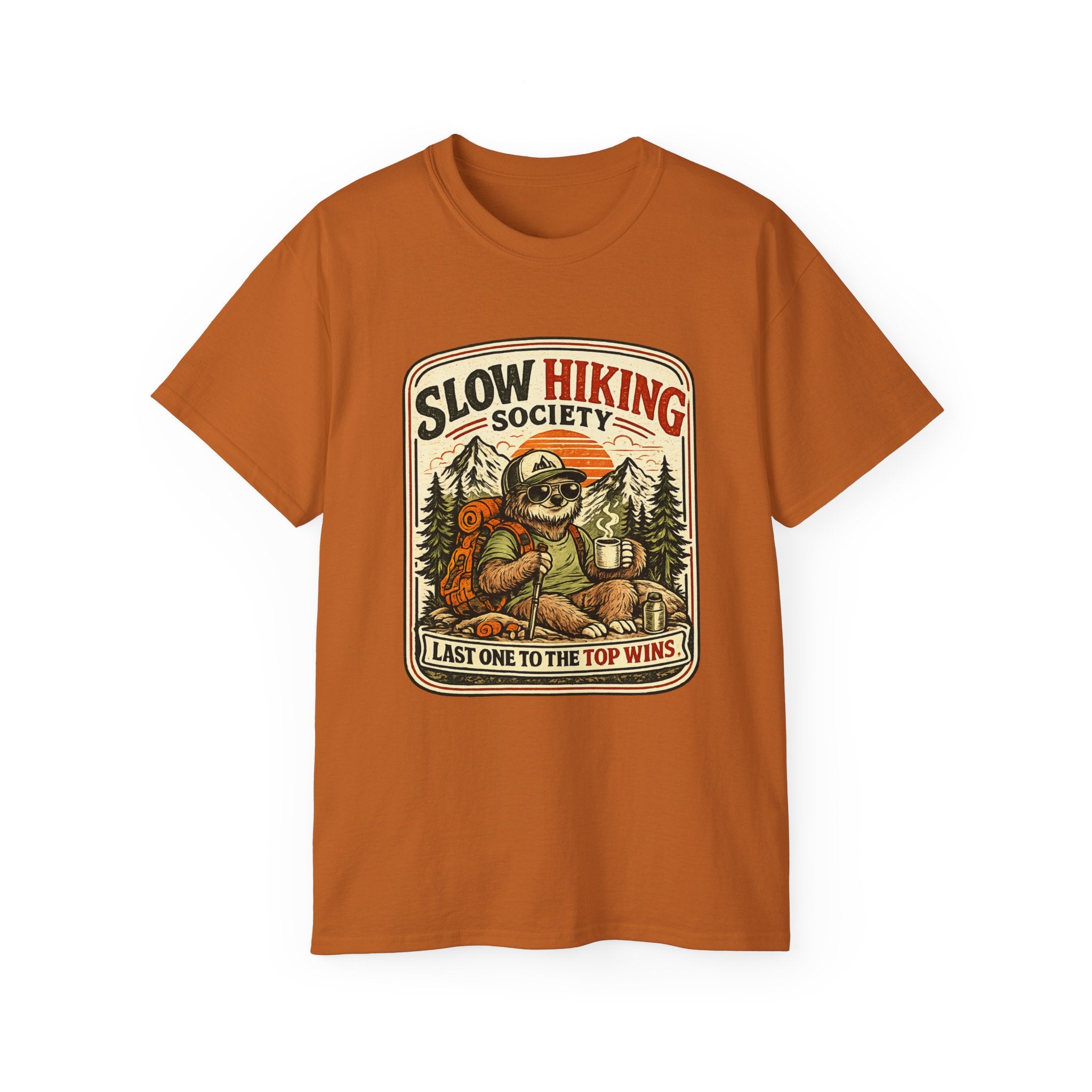 Slow Hiking Society T-Shirt — 'Last One to the Top Wins' Vintage Outdoor Tee