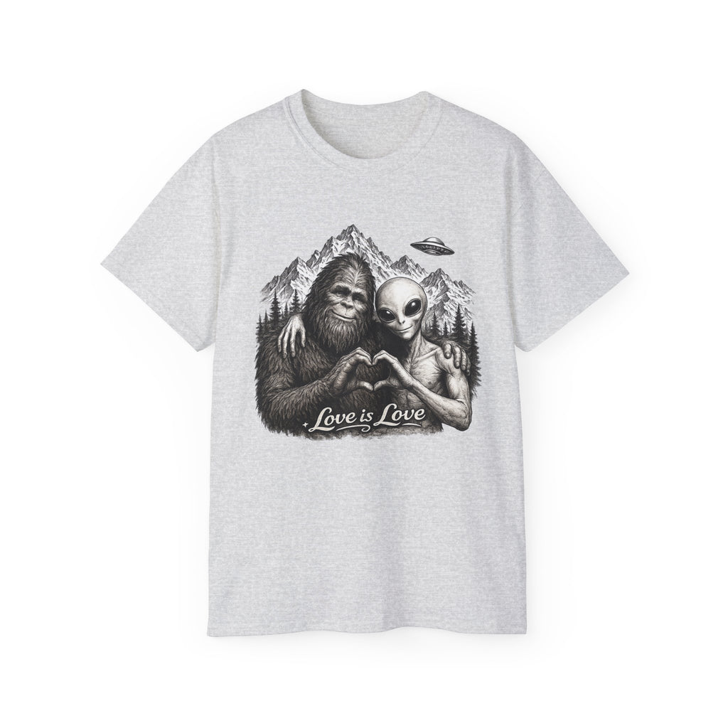 Love Is Love Tee — Bigfoot & Alien Heart Graphic T-Shirt