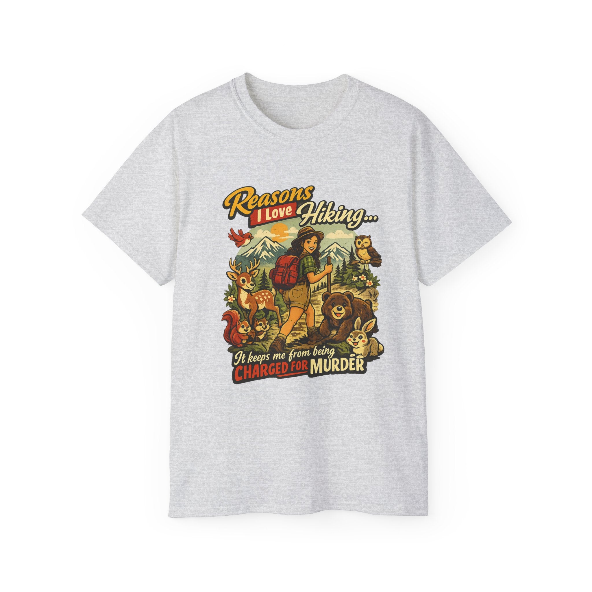 Hiking T-Shirt — "Reasons I Love Hiking... It Keeps Me From Being Charged For Murder" Retro Outdoor Tee