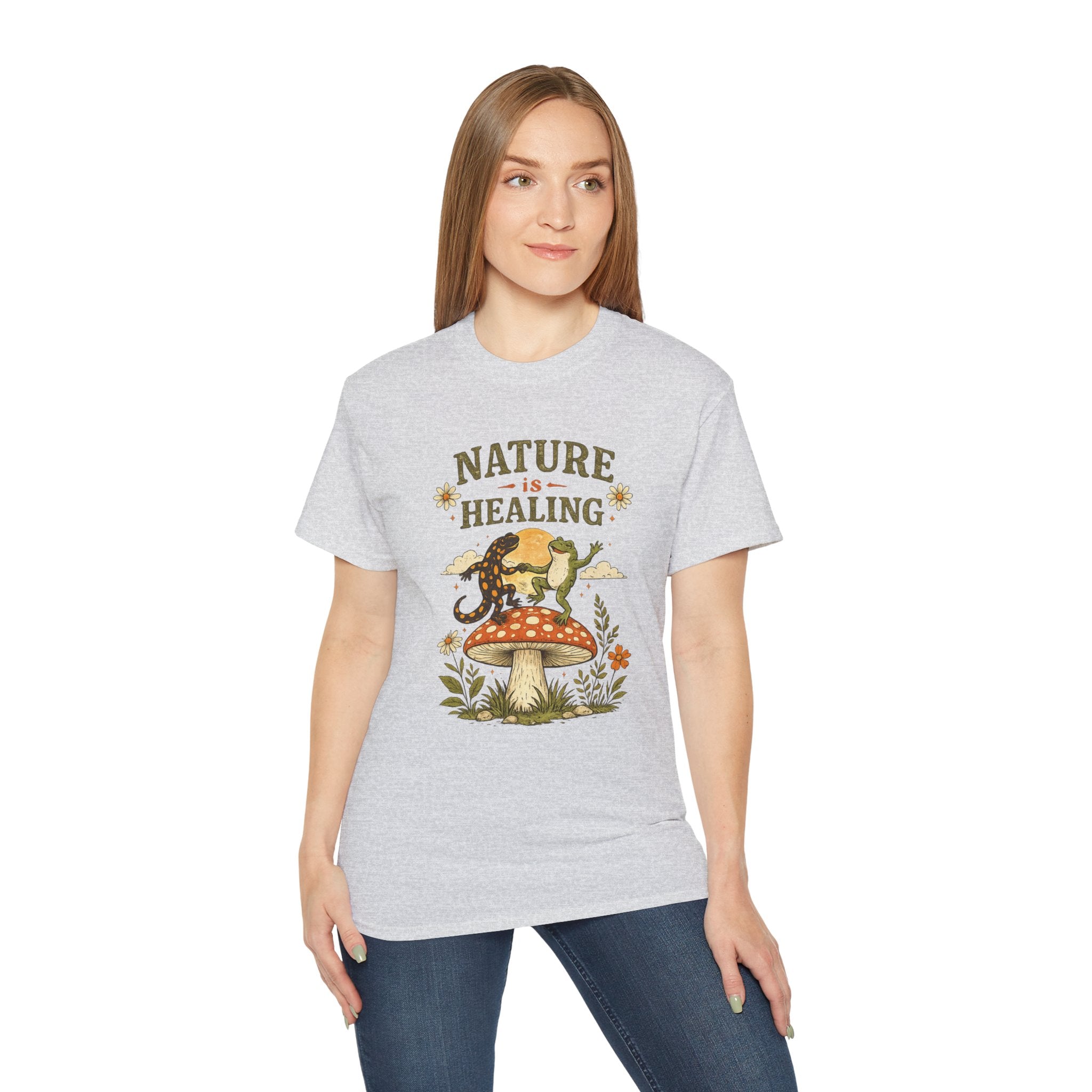 Nature Is Healing T‑Shirt — Retro Mushroom & frog lizard Graphic Tee
