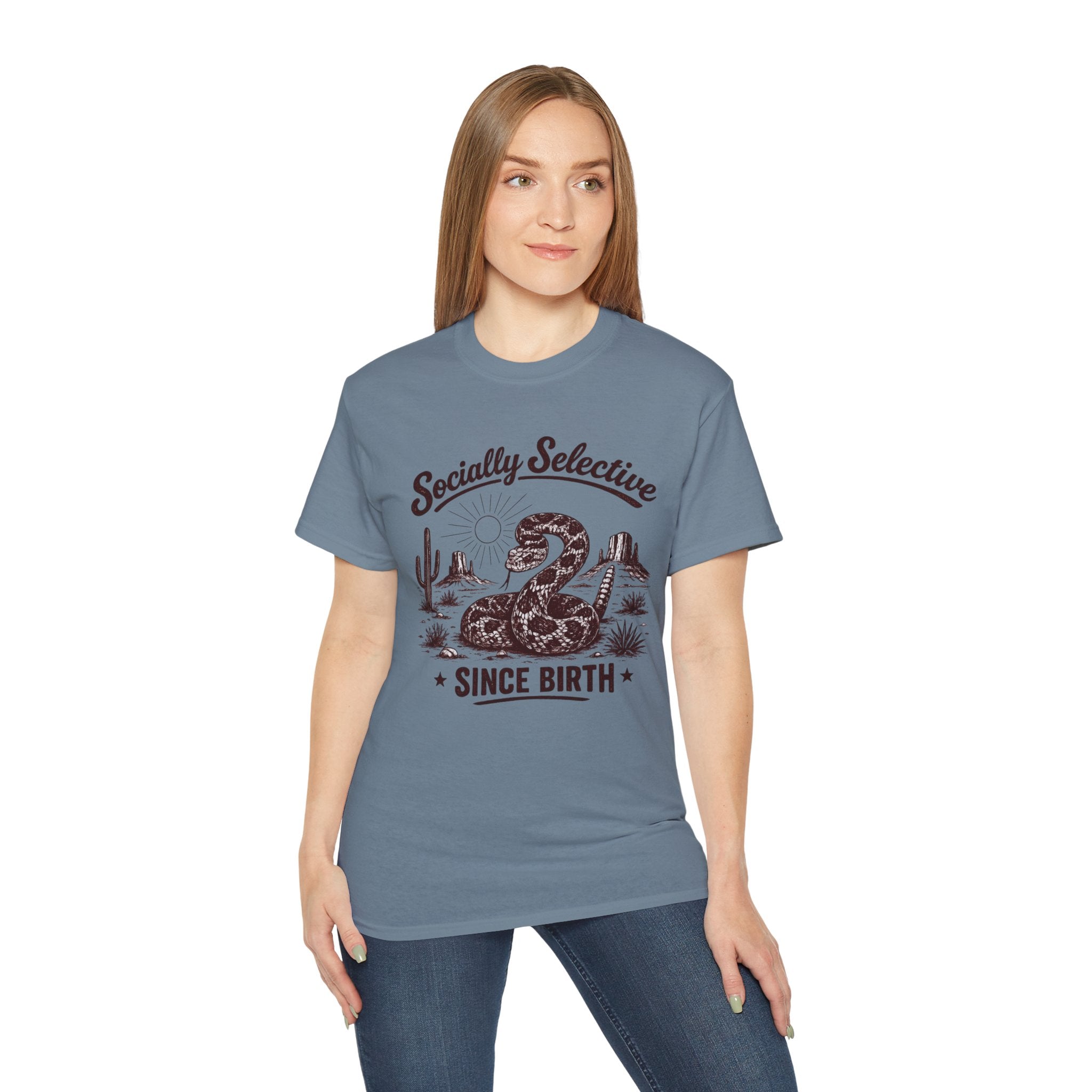 T-Shirt — "Socially Selective Since Birth" Vintage Desert Snake Graphic Tee