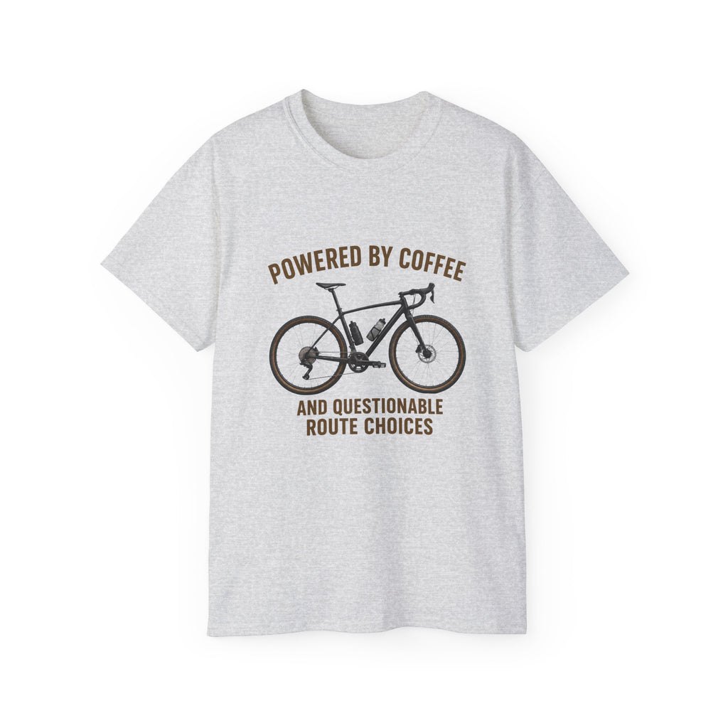 Unisex Coffee-Powered gravel Bike T-Shirt — "Powered by Coffee and Questionable Route Choices"
