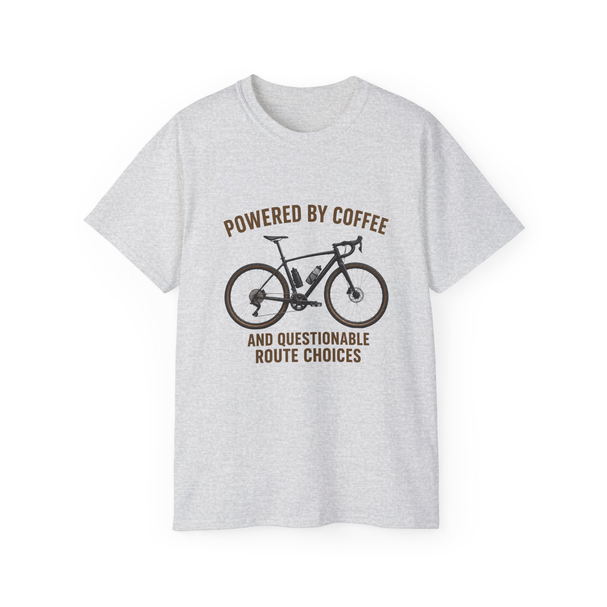 Unisex Coffee-Powered gravel Bike T-Shirt — "Powered by Coffee and Questionable Route Choices"